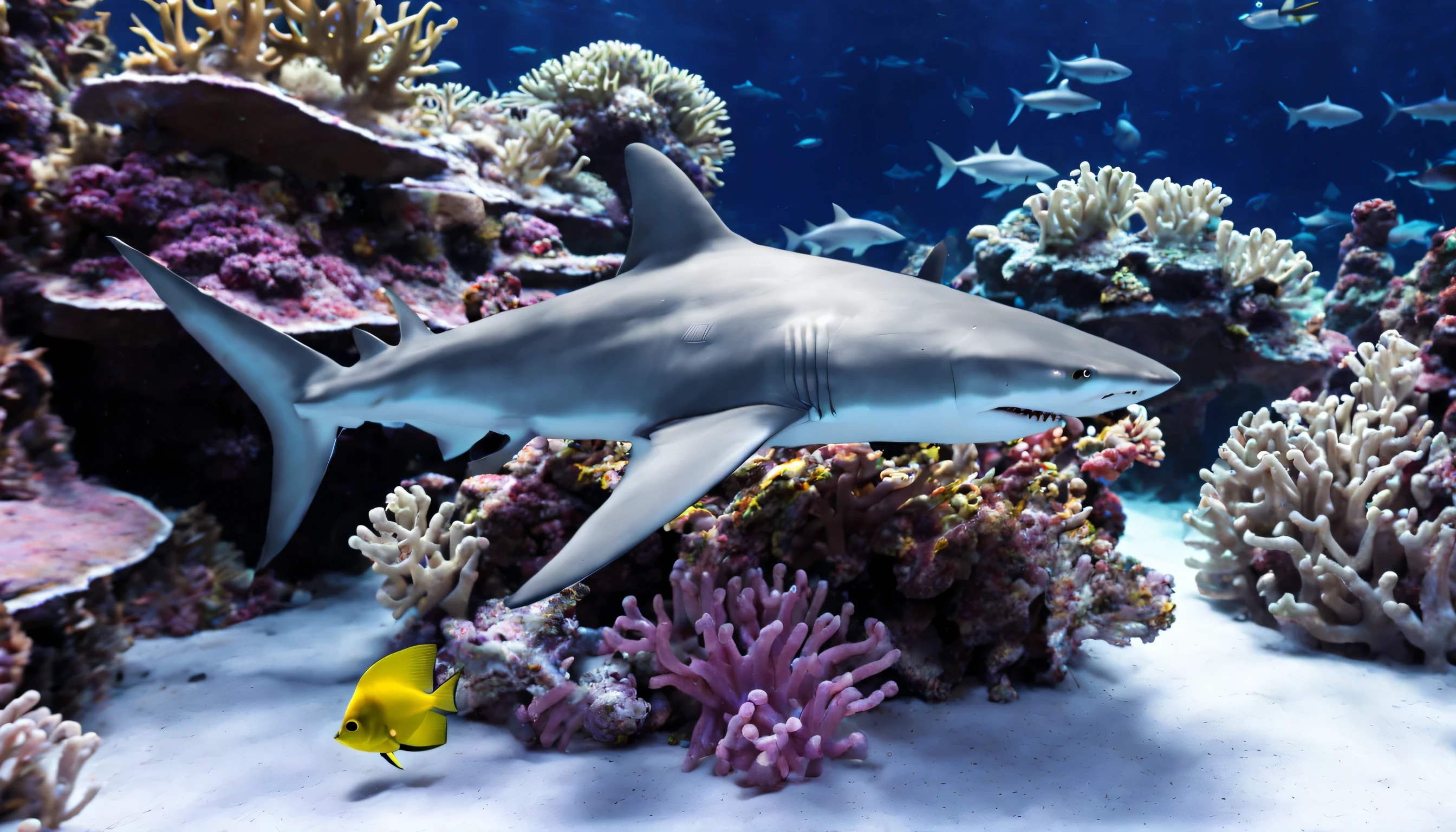 a shark in an aquarium with beautiful coral reefs in it