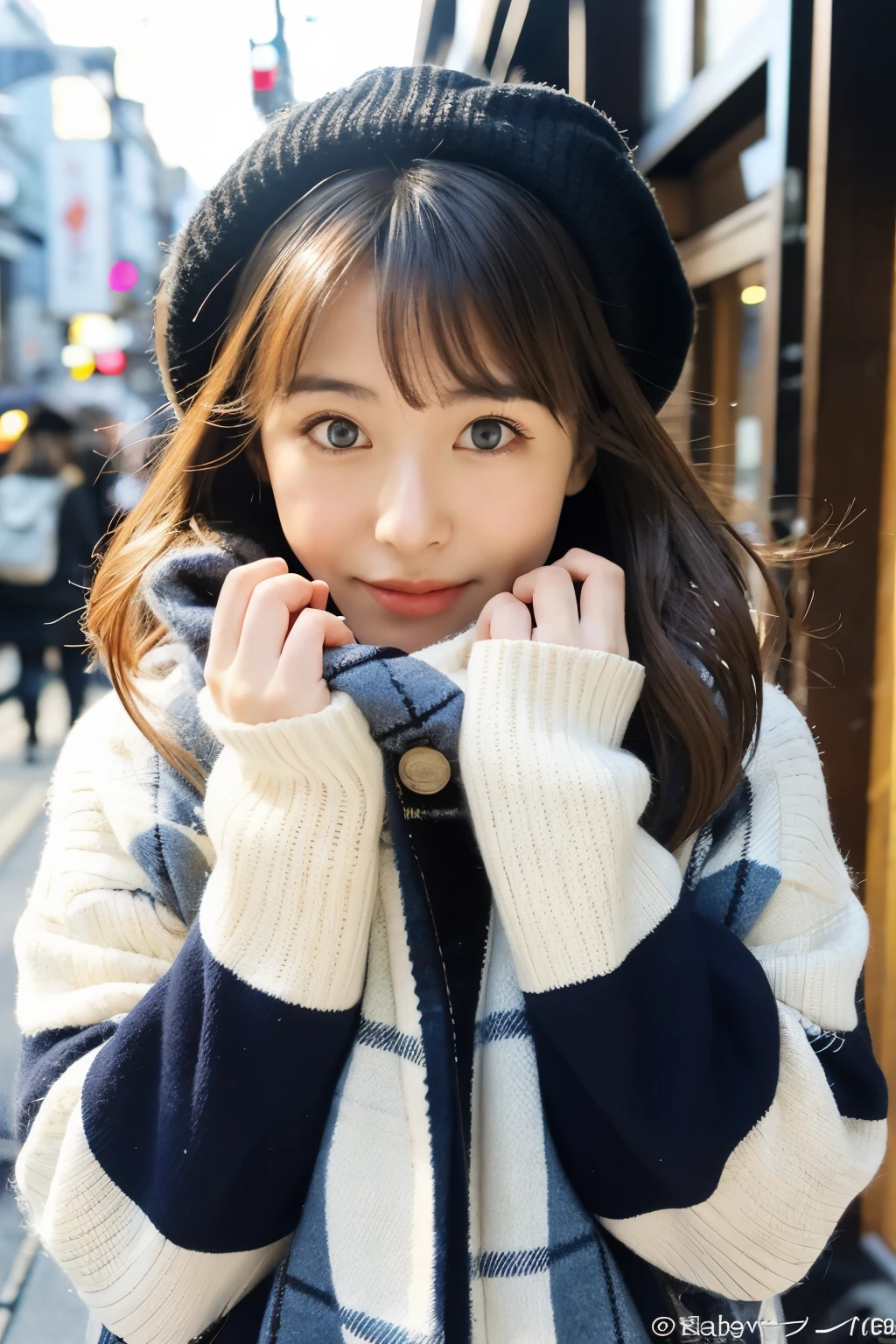 ((highest quality)), ((masterpiece)), (be familiar with), perfect face,Japanese,20th generation,Trendy winter clothes in Tokyo,cute pose,big eyes