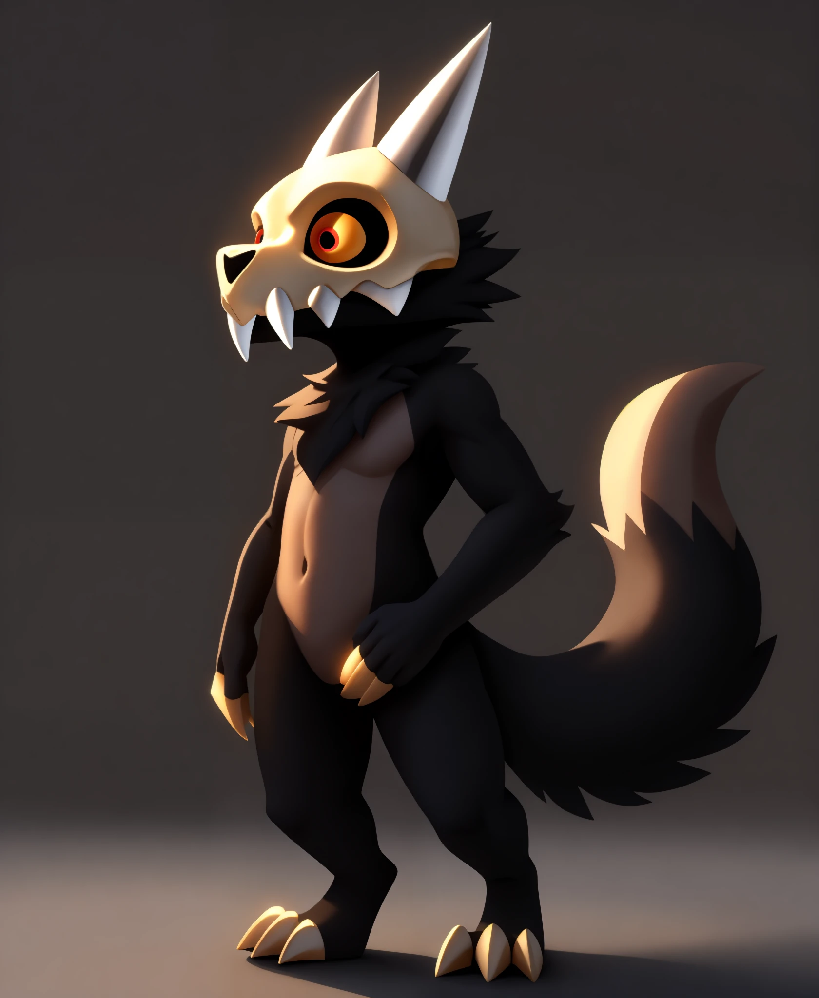 male, solo, king_clawthorne, skull head, (broken horn:1.1), yellow sclera, red eyes, claws, black body, black fur, countershading, furry, standing, looking up, full-length portrait, extreme detail, masterpiece, toe claws, tail, wolf tail, chibi