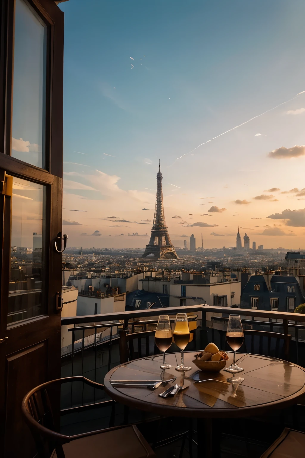 Describe a panoramic view of the city of Paris on an autumn afternoon. You are at a high point, talvez no topo da Torre Eiffel, watching the city stretch out before you. The city lights begin to come on, creating a magical atmosphere. Na margem do rio Sena, you see the boats sailing slowly, reflecting the colors of the twilight sky. Ao longe, a silhueta da Catedral de Notre-Dame se destaca contra o horizonte, while Paris' signature rooftops stretch as far as the eye can see. As you take in the scene, the aromas of freshly baked croissants and coffee waft through the air, transporting you to charming Parisian cafés and bakeries. Os sons da cidade - o burburinho das conversas, the clink of cutlery and the occasional chord of an accordion - fill your ears, creating a unique soundtrack for this visual experience. The gentle breeze ruffles the leaves of the trees around you, as the sky gradually turns into shades of orange and pink, pintando um quadro deslumbrante sobre a cidade das luzes.