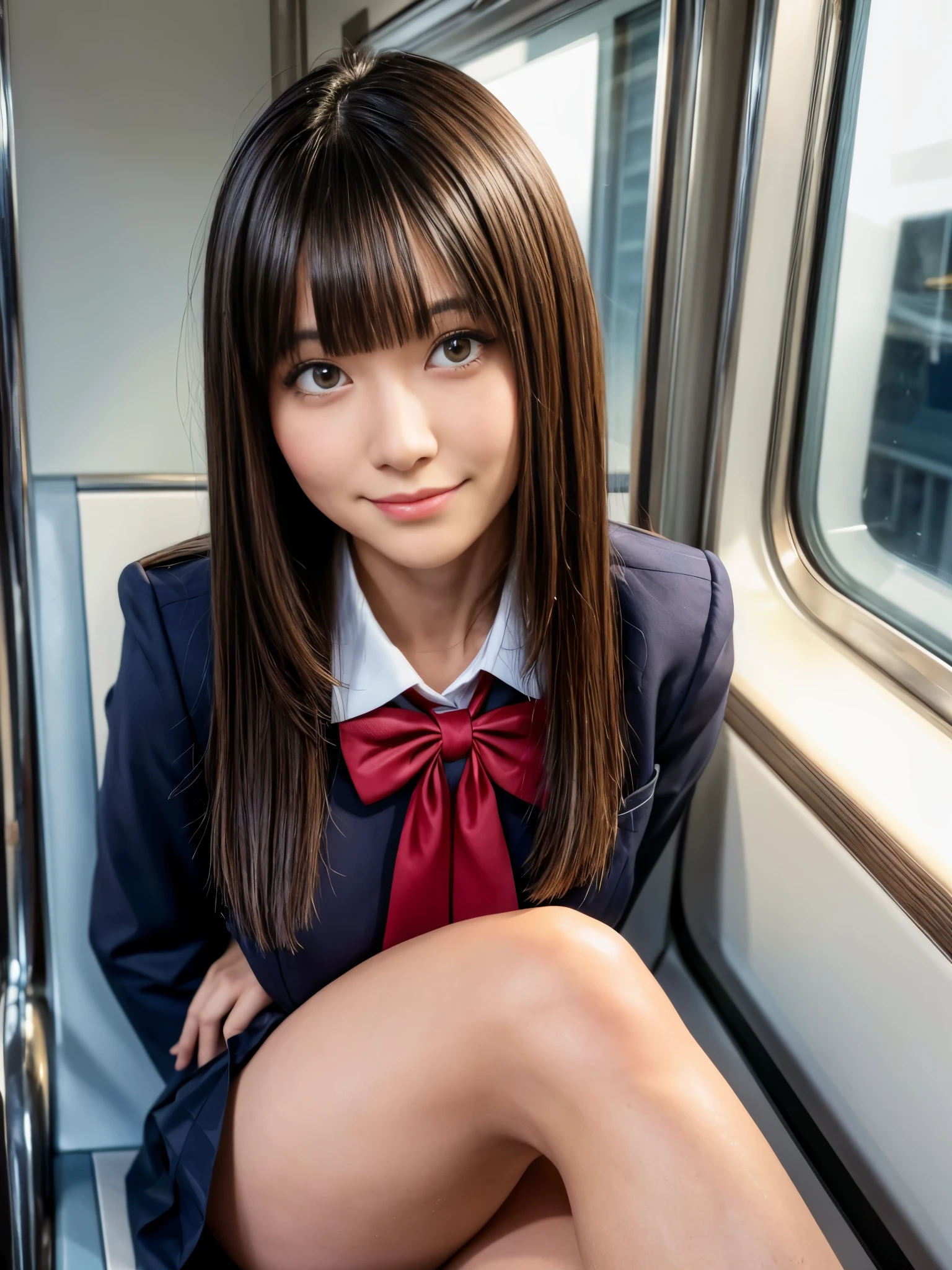 (Best-quality, Masterpiece, Ultra-High-Resolution, (Photorealistic:1.4), Raw Photo, depth of field, professional lighting, perfect anatomy, extremely details), 1girl, 15-years-old, the most famous Japanese idol, on train, wearing Japanese high-school uniform, ((feeling sexual pleasure, extremely cute orgasm-face):1.3)