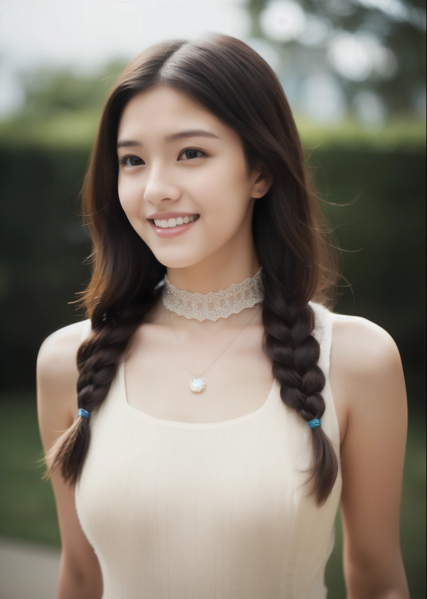 beautiful 20 year old woman. She is a little thinner than the standard figure. She is wearing a classic dress,and wear a choker around her neck. She looks ecstatic as if she had an orgasm during sex. Her dark brown hair is braided. High resolution、masterpiece、highest quality.((Hasselblad Photos))、fine skin、fine knit、(movie lighting)、clavicle . Her bustsize is B cup.