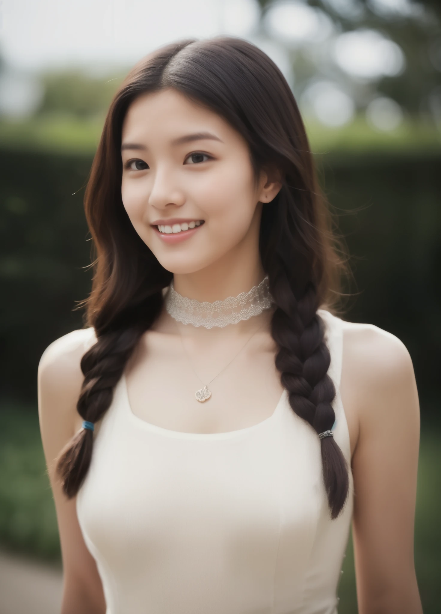 beautiful 20 year old woman. She is a little thinner than the standard figure. She is wearing a classic dress,and wear a choker around her neck. She looks ecstatic as if she had an orgasm during sex. Her dark brown hair is braided. High resolution、masterpiece、highest quality.((Hasselblad Photos))、fine skin、fine knit、(movie lighting)、clavicle . Her bustsize is B cup.