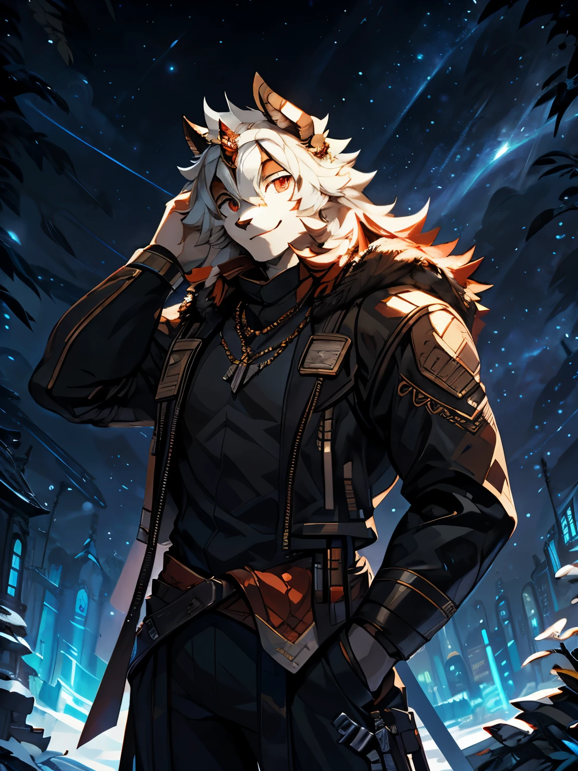 4k, ,8K, A high resolution, best quality, perfect colors, perfect shadows, perfect lighting, posted on e621, (by Chunie, by canyne khai, by t.y.starale), male, furry, anthro, hung (/arknights/), solo, red eyes, (Realistic eye details 1.2), Fantasy style background, Wearing winter jacket, Wearing long pants, Full body like, Slim body, dramatic lighting, soft lighting, day, highly detail, Hair coiled, delight, Standing up position, cool pose charm, Abstract beauty, centre, Looking at the camera, Facing the camera, nearing perfection, Dynamic, highly detailed, illustration, (Realistic background), ((Bonifasko lighting)), (Detailed eyes), perfect pupils, detail eyes, detail fluffy fur, (seductive face:1.2), fit body, Looking at the camera,, fit body, perfect male figure, Detailed fur, Detailed face, Perfect face, Detailed background, (Complex), (Super Detail), (Ultra Clear), (Best Quality), (Starry Sky Background), (Stout Limboon Night)