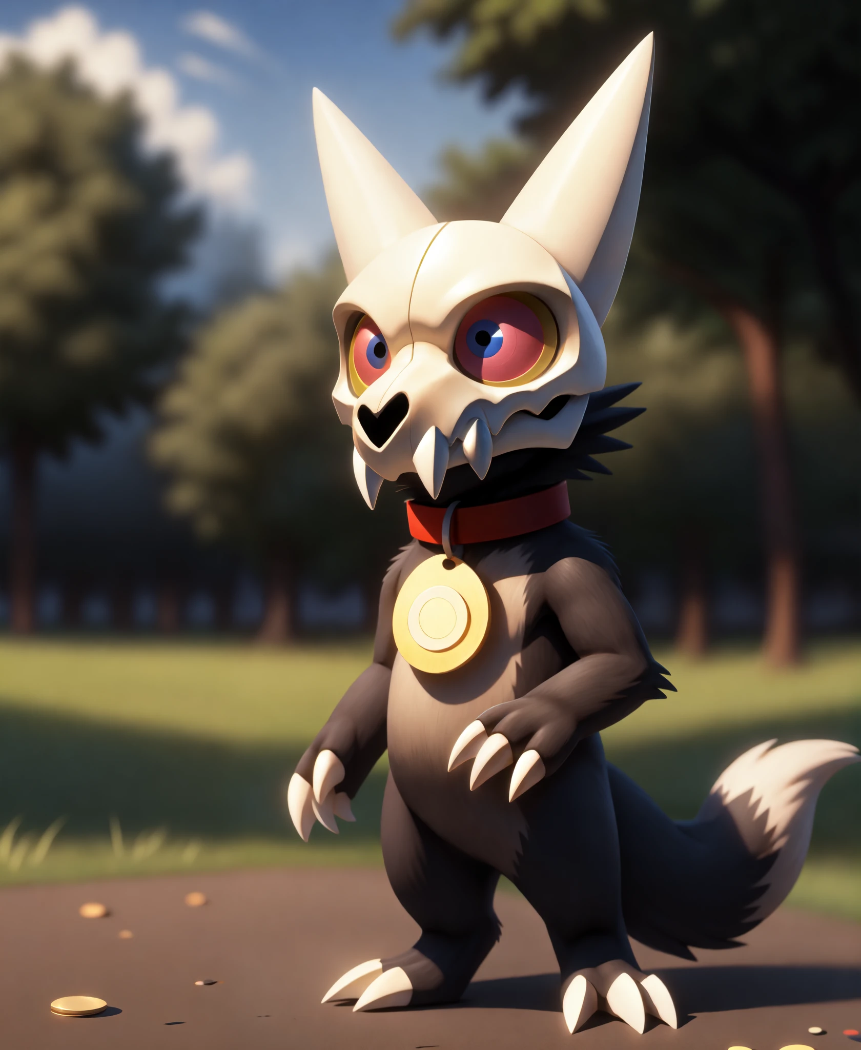 beautiful eyes, high detail skin, high detail eyes, high detail hair, highres, ultra detailed, sharpen picture, Highly detailed, masterpiece, best quality, photorealistic,  
 1boy, skull helmet, teeth, pokemon (creature), colored sclera, red collar with circle pet tag, claws, tail, standing in a park