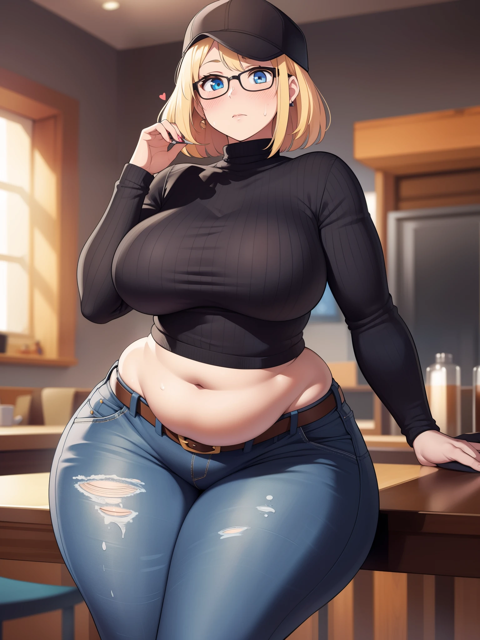 ((Masterpiece)), perfect anatomy, perfect shading, field of depth, (best quality), extremely delicate and beautiful, perfect lighting, detailed face, ultra cute face, cute, (cowboy shot 1.2), turned to the side, (((1girl))), ((solo)), looking at viewer,

short hair, fluffy hair, blonde hair, blue eyes, Glasses, (((Blush))), shy, nervous, sweating, in love, (black turtleneck sweater 1.5), (jeans 1.2), belt, extremely tight clothes, large breasts, ((wide hips)), ((thick thighs)), ((chubby)), chubby belly

coffee shop, sitting, intricate background, detailed background,