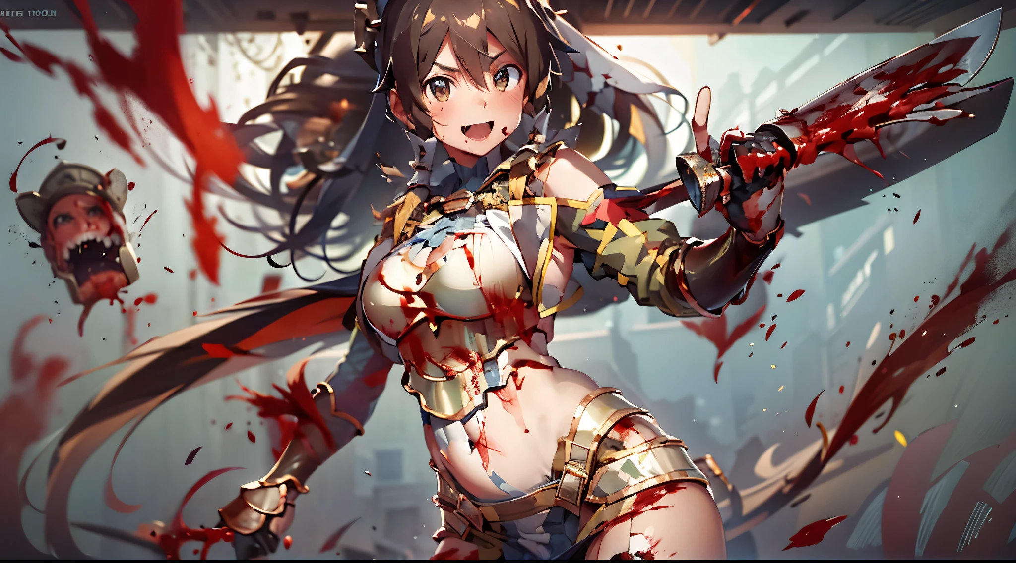 girl 1, exposed belly button, big breasts, femdom, bullying, holding a severed head of enemy, Blood on the body, Blood on the armor, Blood in the belly button, Blood in the stomach, Blood on the breasts, provocation, tall, long sword, slashing sword, splashing blood, tall, belly buttonに血 ,Blood in the stomach, gun, knife, sword, war, underwear, kill, Behead, shot from below, sensual, Blood on the breasts, smile, holding a severed head