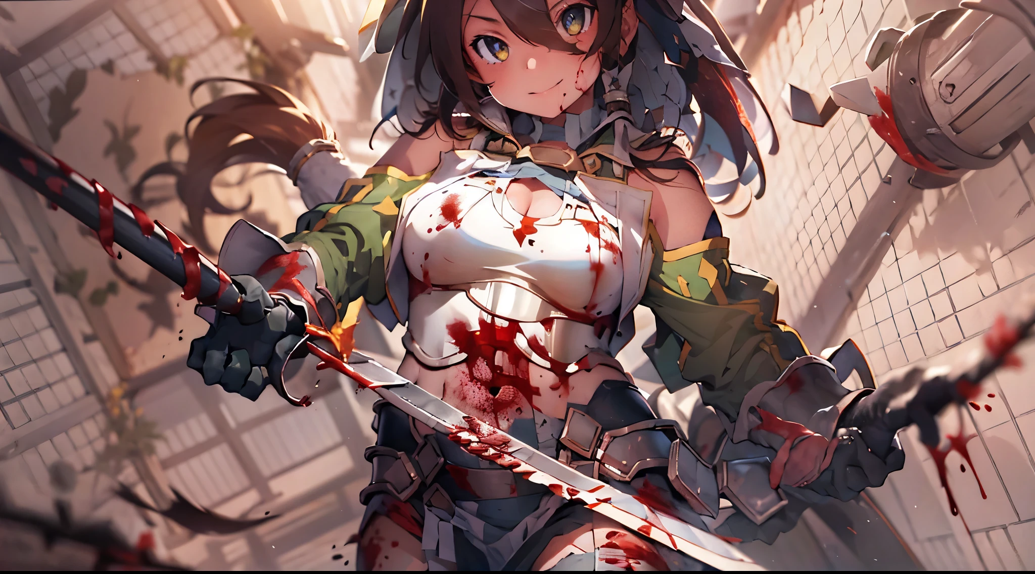 girl 1, exposed belly button, big breasts, femdom, bullying, holding a severed head of enemy, Blood on the body, Blood on the armor, Blood in the belly button, Blood in the stomach, Blood on the breasts, provocation, tall, long sword, slashing sword, splashing blood, tall, belly buttonに血 ,Blood in the stomach, gun, knife, sword, war, underwear, kill, Behead, shot from below, sensual, Blood on the breasts, smile, holding a severed head