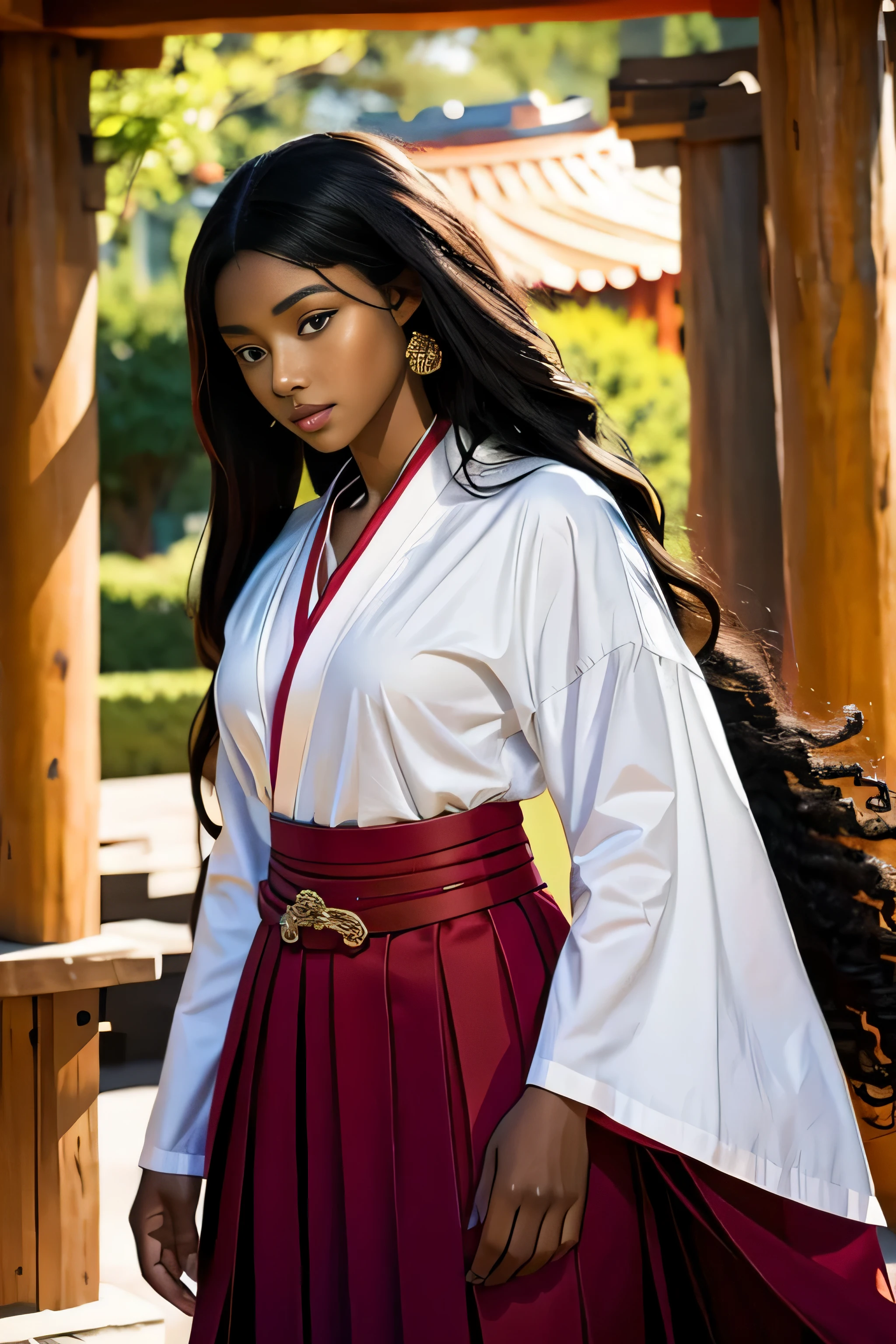 masterpiece, best quality, beautiful African and Asian mixed , ebony skin female, long, frizzy, curly dark hair, perfect face, half body, long hair, wearing red hakama skirt, melanin