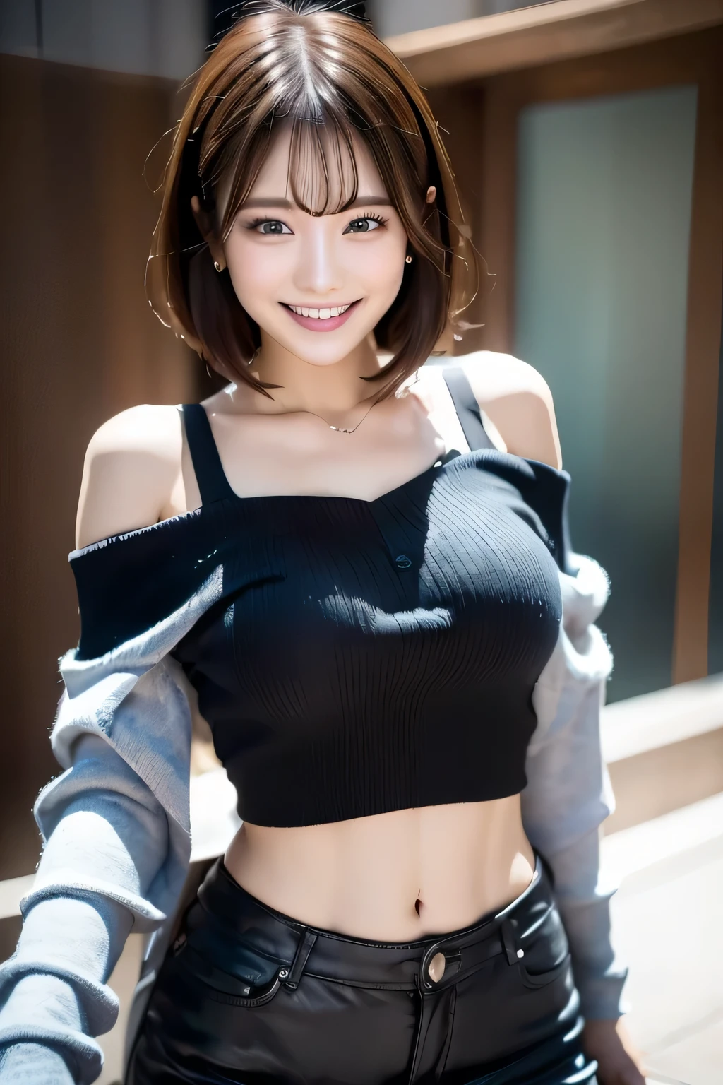 wall background,(Intense dance motion:1.3),spread your hands and move them widely,
Add motion blur effects to simulate motion,off shoulder,navel appears,Lace Loose Sweater,dowel cargo pants,Dance movements disrupt costumes,messy hair,Glossy light brown and orange striped short-cut hair,(A smile that makes people happy:1.3),big and full breasts,(In 8K, RAW photo, highest quality, table top,ultra hd),studio lighting,cinematic lighting,(realistic, Photoreal),Digital single-lens reflex camera,looking at camera,beautiful hands,beautiful fingers,Detailed functions of fingers,Detailed features of the garment,Detailed characteristics of hair,detailed facial features,