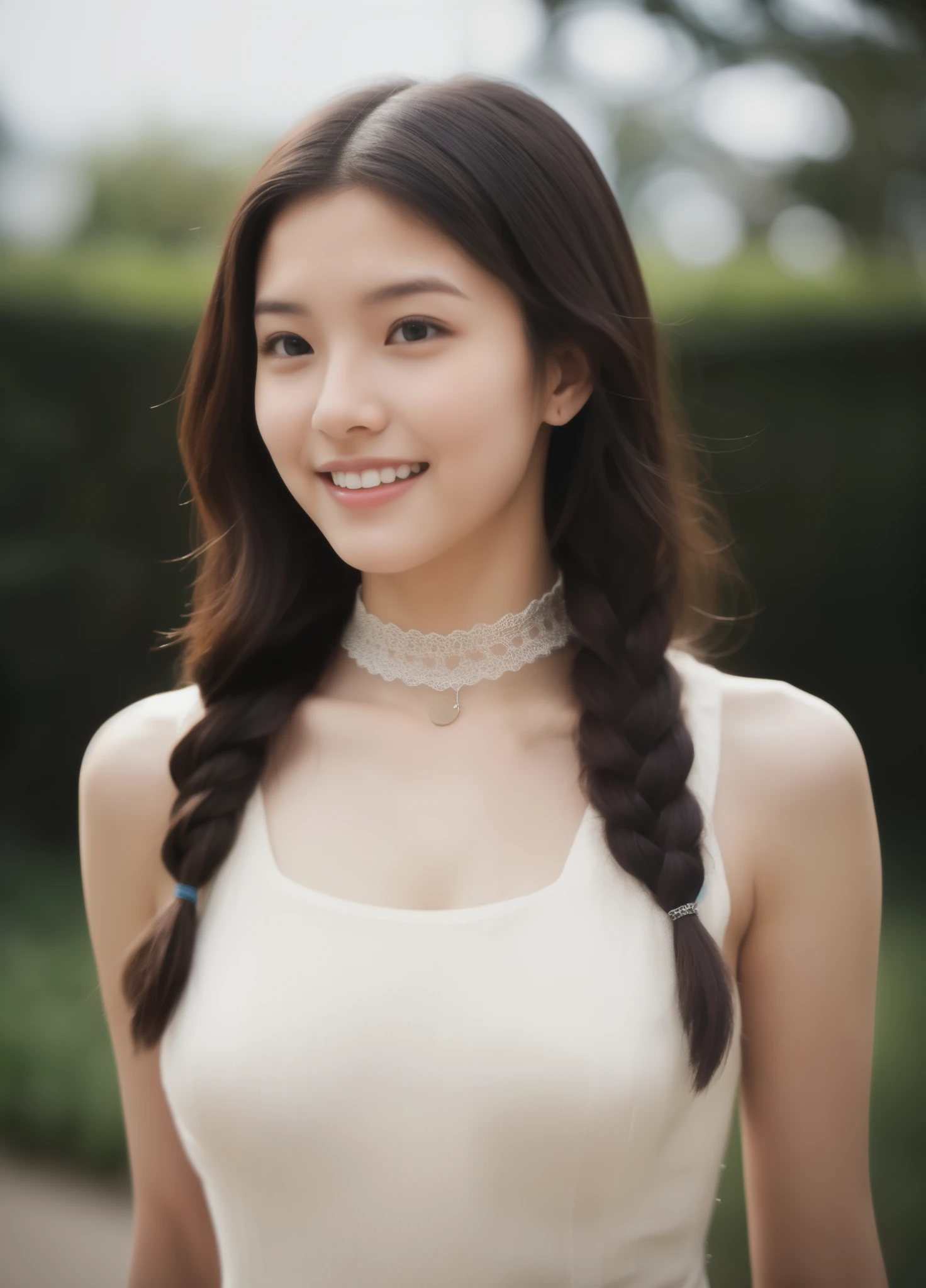 beautiful 20 year old woman. She is a little thinner than the standard figure. She is wearing a classic dress,and wear a choker around her neck. She looks ecstatic as if she had an orgasm during sex. Her dark brown hair is braided. High resolution、masterpiece、highest quality.((Hasselblad Photos))、fine skin、fine knit、(movie lighting)、clavicle . Her bustsize is B cup.