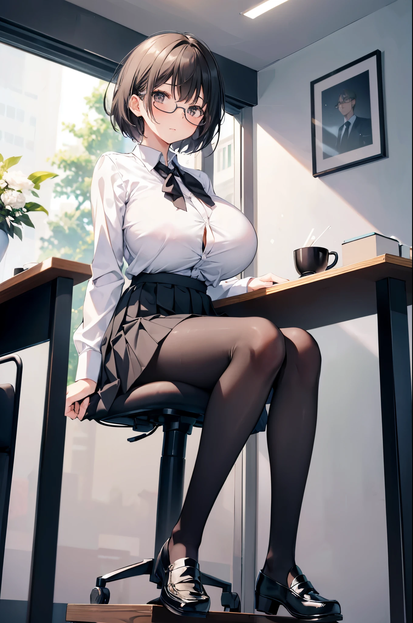 1 girl, glasses, (full body:1.2), sitting, (angle from below:1.1), (angle from the side:1.1), blush, (slim body:1.2), (huge breasts:1.5), (slender and long legs:1.2), black hair, short hair, white long sleeve shirt, pleated skirt, (black tights:1.1), black loafers,