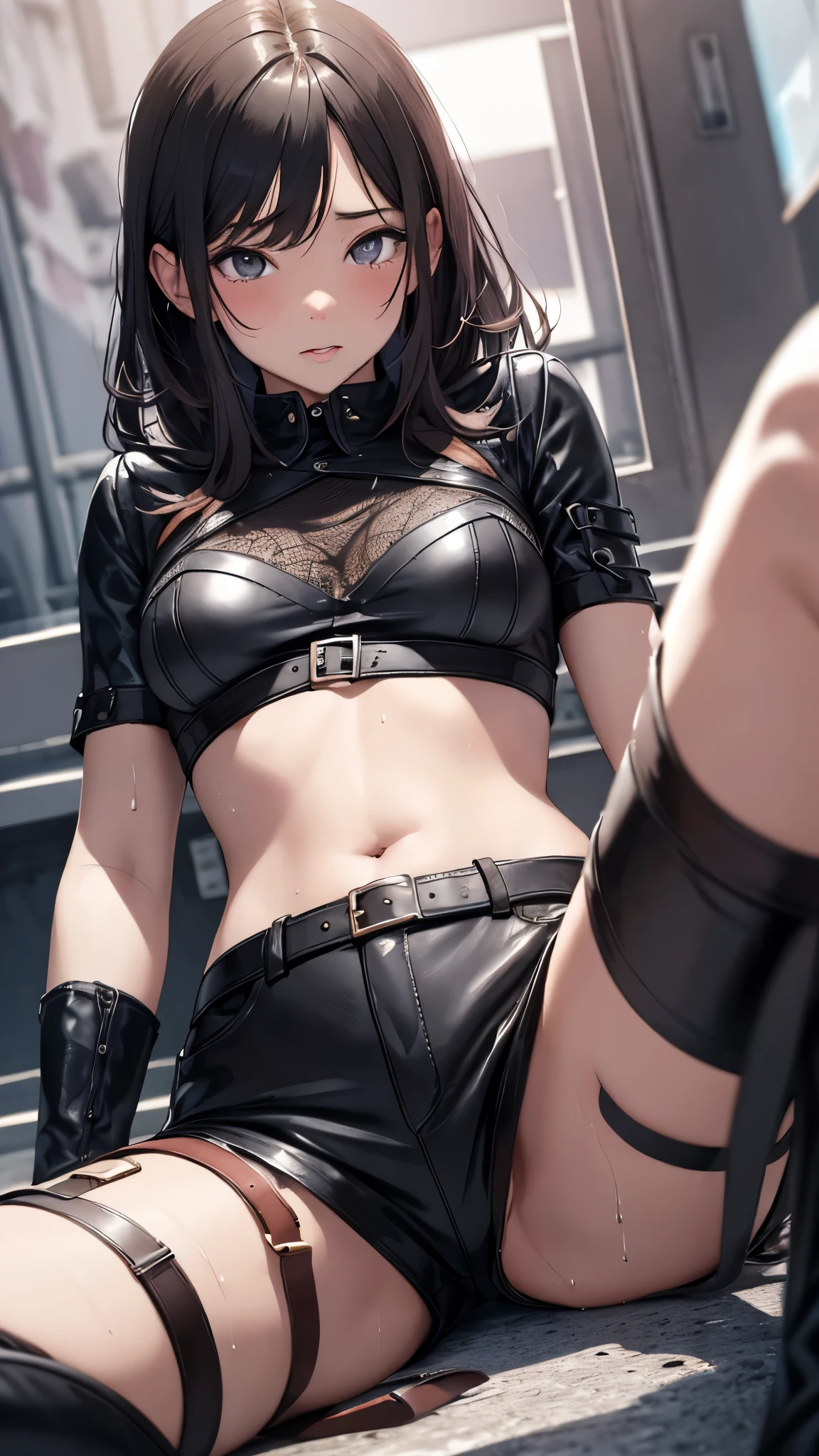 High resolution, woman , good lighting, despicable, , (No nudity), (((leather shorts))), ((tight leather top)), (((leather thigh high boots))), (garter belt), abdomen only, (wet shorts), (((Peeing))), (pee), urine stain, (puddle), ,  cute face, I&#39;m embarrassed and blush, humiliating, ((spread your legs)), (())