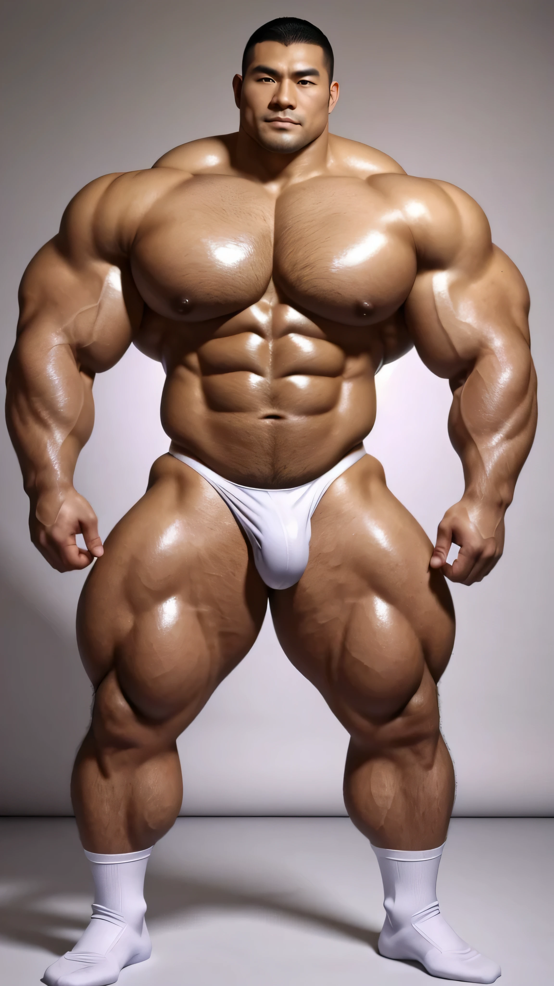 a chinese bodybuilder,30 years old,Tall and handsome, toned body,short hair, O-shaped beard,Perfect body, Dark and shiny complexion,Smooth skin,The body is hairless,Muscle bulge, muscular, Very big pecs,Very sexy abs,Leg muscles are very developed,Huge bumpy area,Brighten oily skin,Wearing a gold leather shiny thong,handsome face, Correct and accurate male body proportions, full-body shot, shiny muscular skin,wear white socks,science fiction background,Sci-fi style painting style。