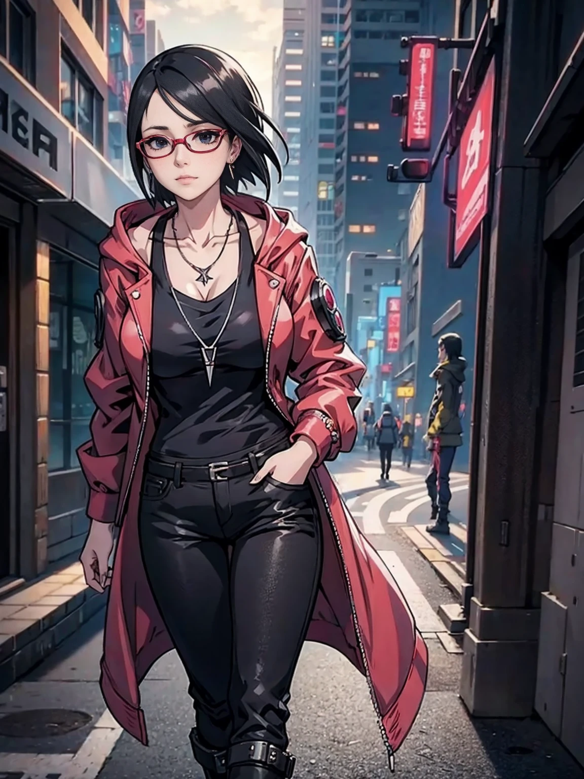 ((1girl, solo ,alone, Sarada Uchiha, short hair, ((black eyes, glasses)), uchiha sarada)), ((solo, 1woman, pink lipstick, Extremely detailed, ambient soft lighting, 4k, perfect eyes, a perfect face, perfect lighting, a 1girl)) austere, ((anime girl, ((women's long ankle boots, dark red jacket, long jacket, black pants, ruby earrings, necklace)), cyberpunk anime girl, cyberpunk in hoodie, badass anime, cute cyberpunk girl, cyberpunk streets in, cyberpunk style, cyberpunk white outfit,  cyberpunk, full cosplay, ((sharp face)), official art, beautiful, mature, walking in the street))