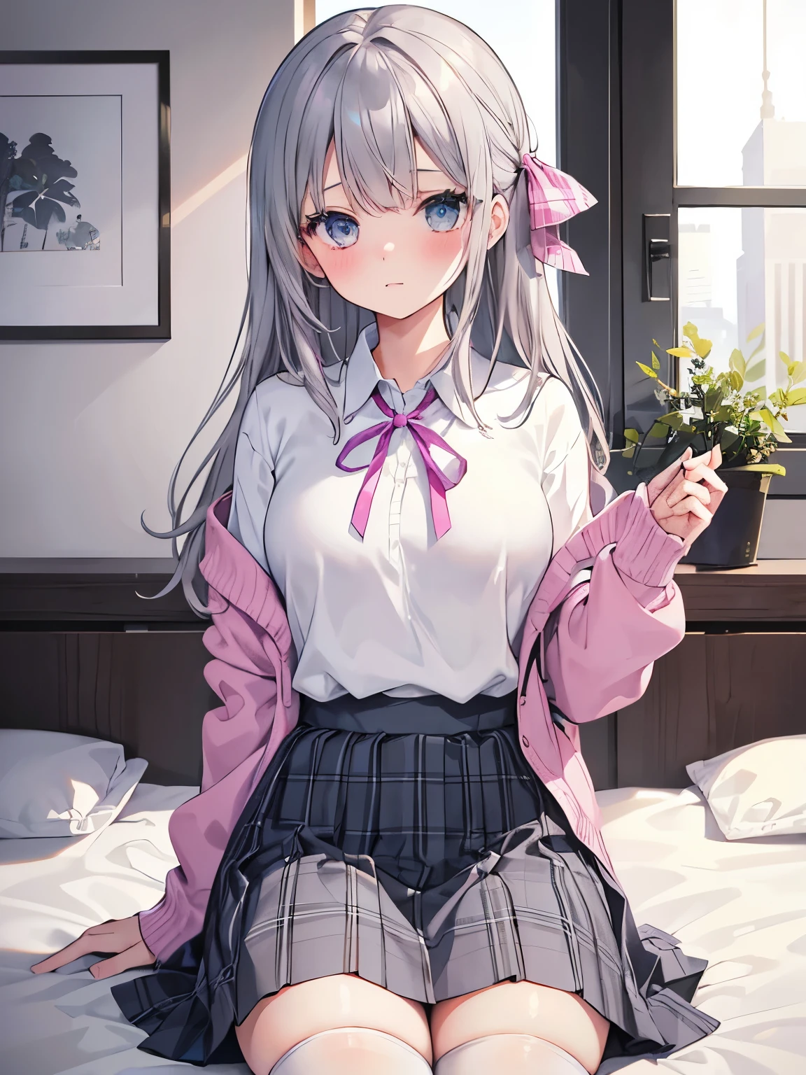 masterpiece, {{{{Highest quality}}}}, beautiful,1 girl, grey_hair, school uniform, {sweater(pink)}, dress_shirt, {neck_ribbon(blue)}, plaid skirt, {thighhighs(White)}, {{{embarrassed}}}, on bed, sitting, 