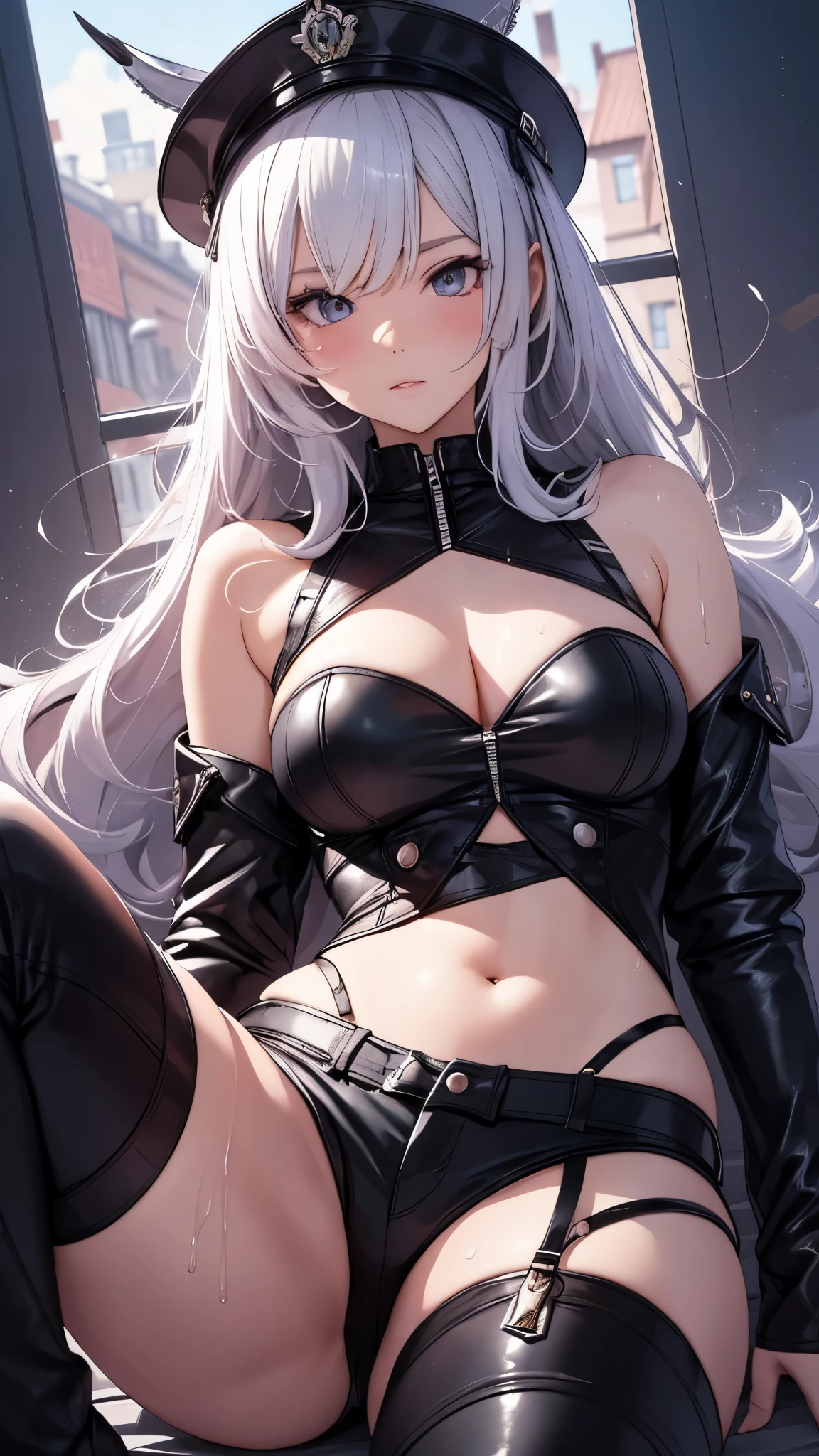 High resolution, woman , good lighting, despicable, , (No nudity), (((leather shorts))), ((tight leather top)), (((leather thigh high boots))), (garter belt), abdomen only, (wet shorts), , cute face, I'm embarrassed and blush, humiliating, ((spread your legs)), (())