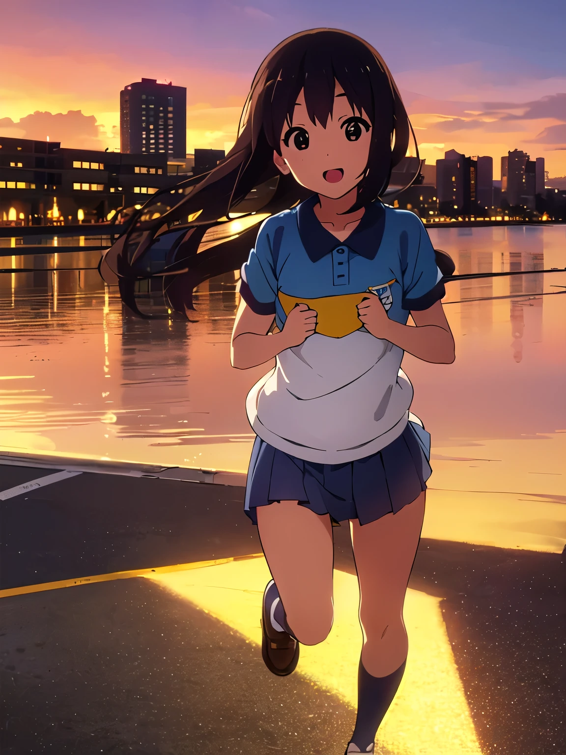 (best quality, masterpiece:1.2), 1girl, (((masterpiece))), (((full body))), (((running))), top-quality, top-quality, High Details, nakano azusa, 1girl, Sakuragaoka High School Uniform, sport clothes,short-sleeved sports shirt, shorts, Twin-tailed, length hair, A dark-haired, brown-eyed, solo, reddish, illustratio, comic strip, soothing tones, Subdued Color, Soft cinematic light, adobe lightroom, photolab, HDR, intricately and hyper-detailed、(((depth of fieldasterpiece)))。(((top-quality))).)((ultra-detailliert)))。(((illustratio)))。(((takeout))).dynamic focus.big breasts.(((city park))).(((A city))).(((Face of happy smile))). Close eye, open mouth.(((put hands on the chest))).(((up chest))).((morning glow)).((the setting sun)), solo, anime, anime screencap, ray tracing, ultra resolution image, vivid color,  cinematic light,  lens flare,  light on face, glow eyes,  depth of field, happy, detailed background, cute,  straight-on, dive dress, navel,