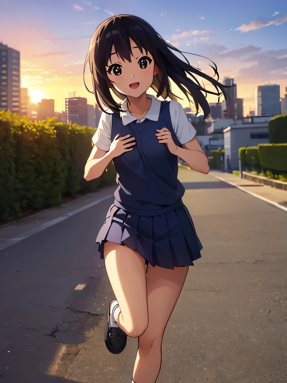 (best quality, masterpiece:1.2), 1girl, (((masterpiece))), (((full body))), (((running))), top-quality, top-quality, High Details, nakano azusa, 1girl, Sakuragaoka High School Uniform, sport clothes,short-sleeved sports shirt, shorts, Twin-tailed, length hair, A dark-haired, brown-eyed, solo, reddish, illustratio, comic strip, soothing tones, Subdued Color, Soft cinematic light, adobe lightroom, photolab, HDR, intricately and hyper-detailed、(((depth of fieldasterpiece)))。(((top-quality))).)((ultra-detailliert)))。(((illustratio)))。(((takeout))).dynamic focus.big breasts.(((city park))).(((A city))).(((Face of happy smile))). Close eye, open mouth.(((put hands on the chest))).(((up chest))).((morning glow)).((the setting sun)), solo, anime, anime screencap, ray tracing, ultra resolution image, vivid color,  cinematic light,  lens flare,  light on face, glow eyes,  depth of field, happy, detailed background, cute,  straight-on, dive dress, navel,