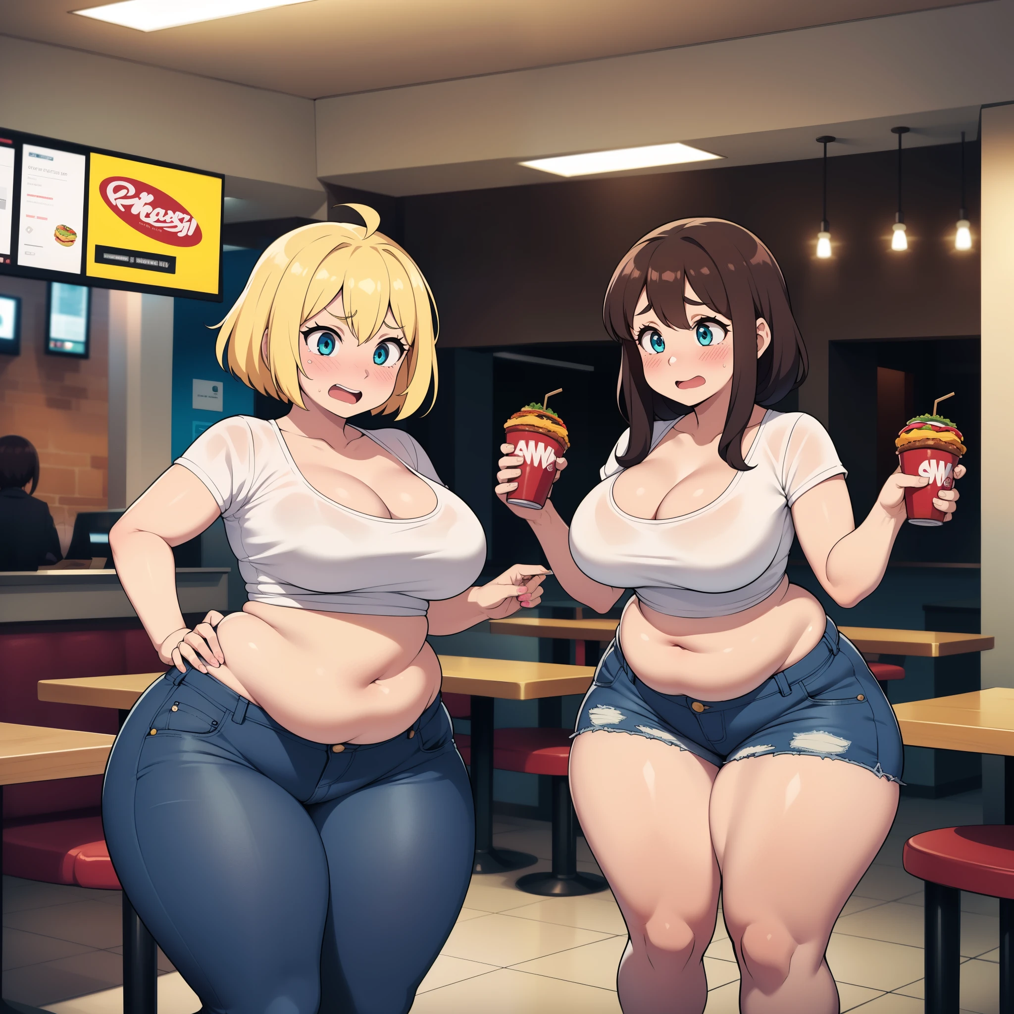 ((highres)), high quality, best quality, masterpiece, perfect lighting, detailed face, ultra cute face, ((2girls)), ((blush)), embarrassed, one girl has blonde hair, blue eyes, crop top and shorts, one girl has brown hair, green eyes, jeans, white shirt, tight clothes, fast food restaurant, medium breasts, cleavage, perky breasts, (wide hips), ((thick thighs)), (chubby), standing next to each other, belly grab