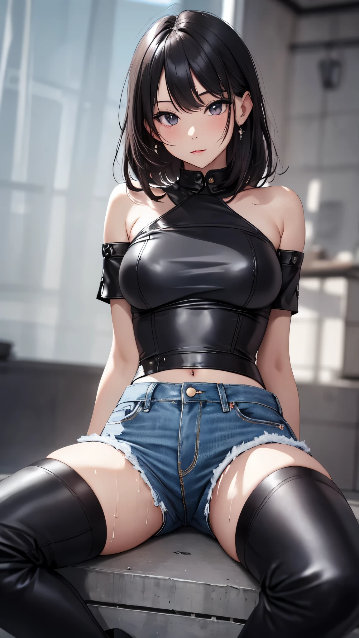 High resolution, woman , good lighting, despicable, , (No nudity), (((loose jeans shorts))), ((tight leather top)), (((leather thigh high boots))), (garter belt), abdomen only, (wet shorts),  ,  cute face, I&#39;m embarrassed and blush, humiliating, ((spread your legs)), (())