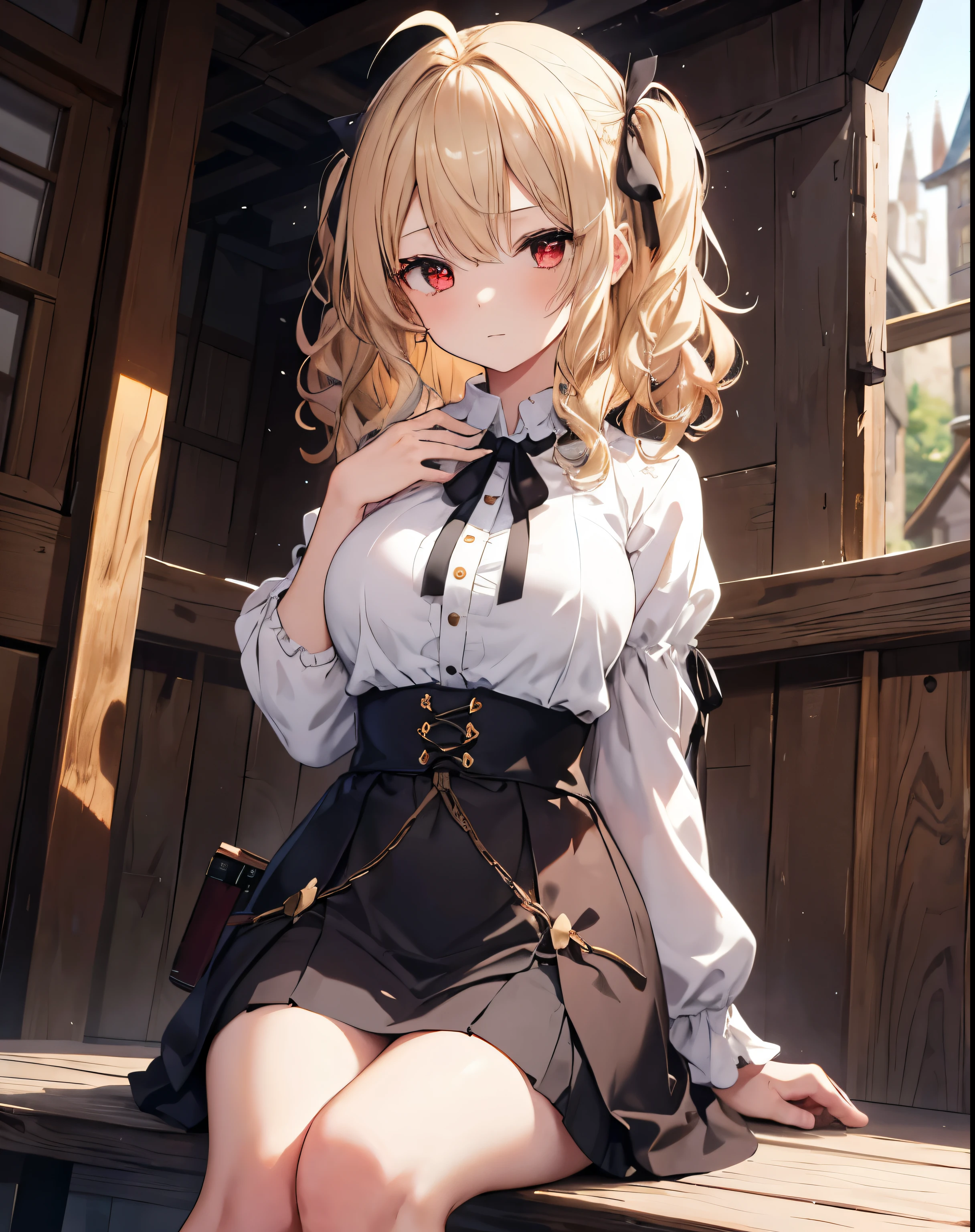 masterpiece,1girl, sparrow, a blonde haired girl, wearing a medieval medieval villager clothes, curly medium hair, messy hair, black skirt, slim body, hair ribbon, medium breasts, she close her left eye, shirt ornament, ppai, sad expression, beautiful breasts, rounded breasts, red eyes, dress, miniskirt, sit at medieval village, ahoge,
