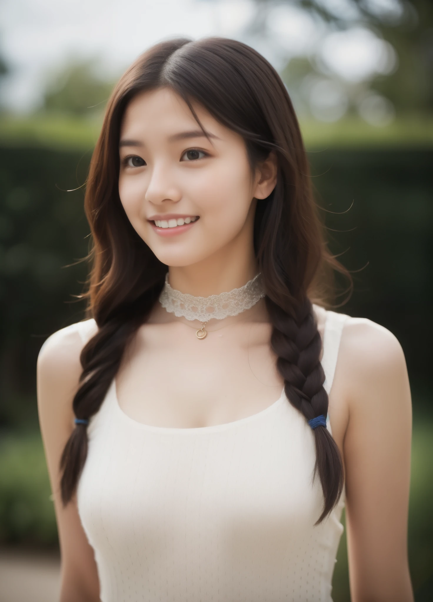 beautiful 20 year old woman. She is a little thinner than the standard figure. She is wearing a classic dress,and wear a choker around her neck. She looks ecstatic as if she had an orgasm during sex. Her dark brown hair is braided. High resolution、masterpiece、highest quality.((Hasselblad Photos))、fine skin、fine knit、(movie lighting)、clavicle . Her bustsize is B cup.