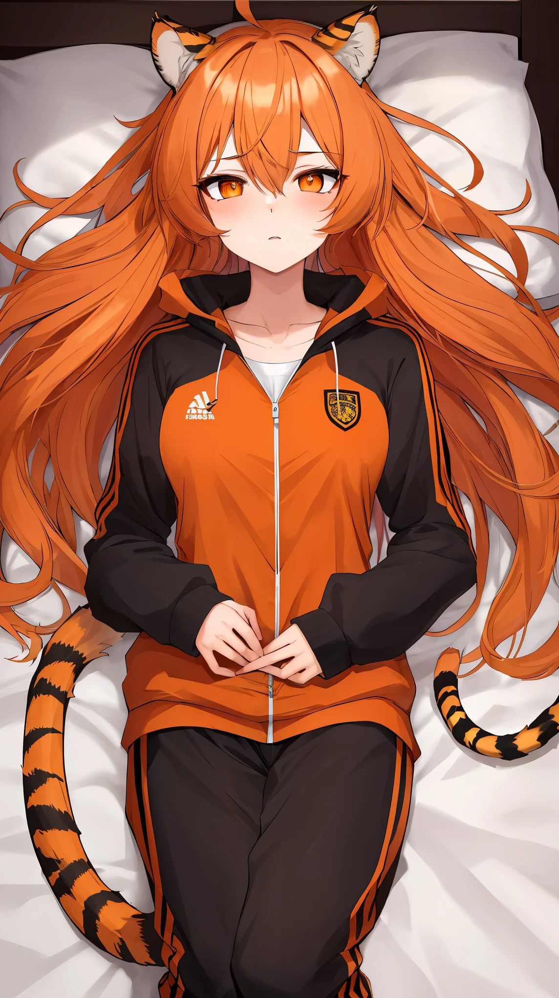 (masterpiece), best quality, expressive eyes, perfect face, details, tiger girl, tiger ears, tiger tail, long hair, bushy hair, orange hair, orange eyes, orange tracksuit, morning, bedroom, lying om her side, sleep