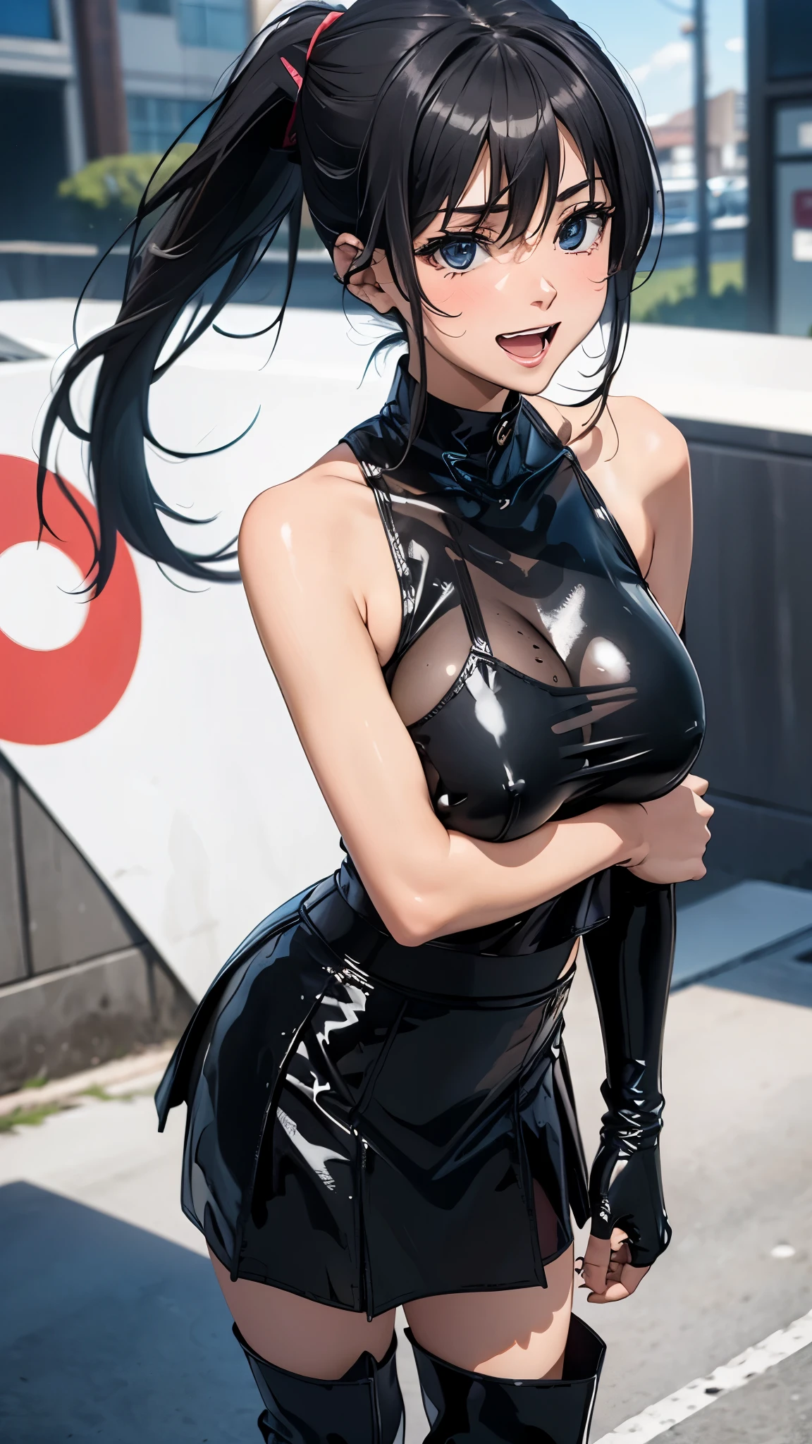 1 female,black hair,25 years old,(((blue shiny micro tight skirt)))((white tank top))(((blush、open mouth smile)),(((straight hair))),(((portrait))),crowd,,(wet with sweat)(sexy black bra and see-through tank top)(leather thigh high boots)(((big breasts)))((low ponytail))Saten Ruiko