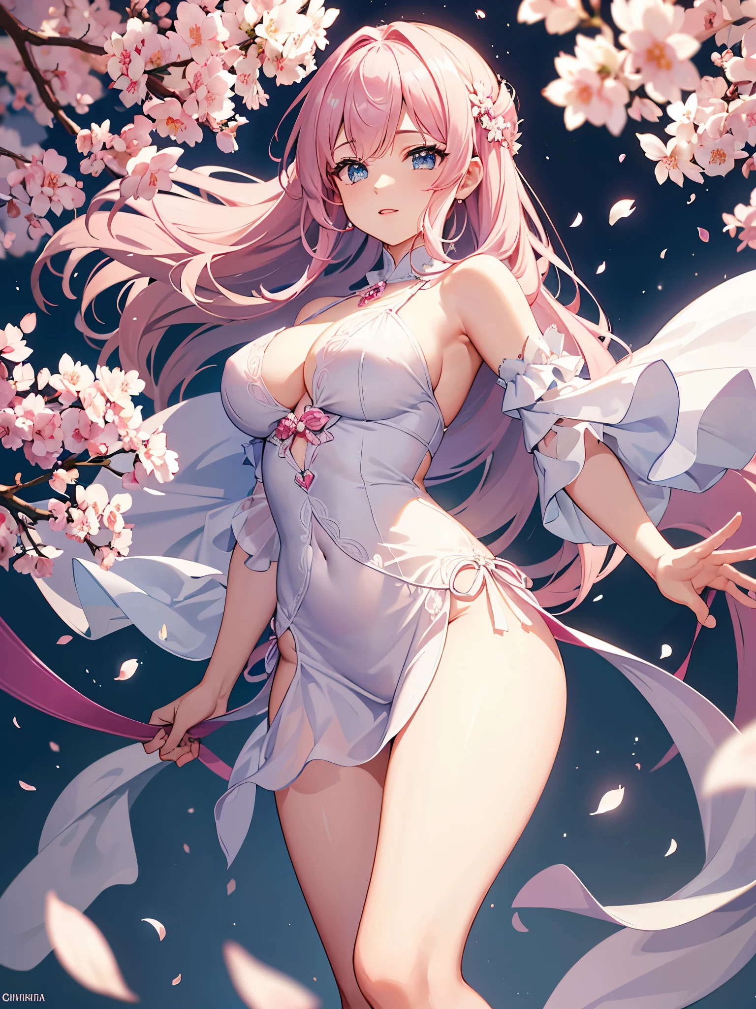 (CG unity 8K wallpaper extremely detailed) (melhor qualidade) (better lighting) (an extremely delicate and lindo) (flutuando) (lindo) (atmosfera de primavera) (1 garota) (Cabelo rosa comprido), (faixa de cabelo), (detailed and lindo blue eyes), ((vestido branco muito curto, pink renda underside), (renda), ((seda transparente clara))), (cherry blossom petals), (borboletas), (DOF), (volumetric light) Cinematic lighting, Chromatic aberration, sony fe gm, Pele Texturizada, Detalhes altos, high resolution, 8K, big ass, thick muscle body