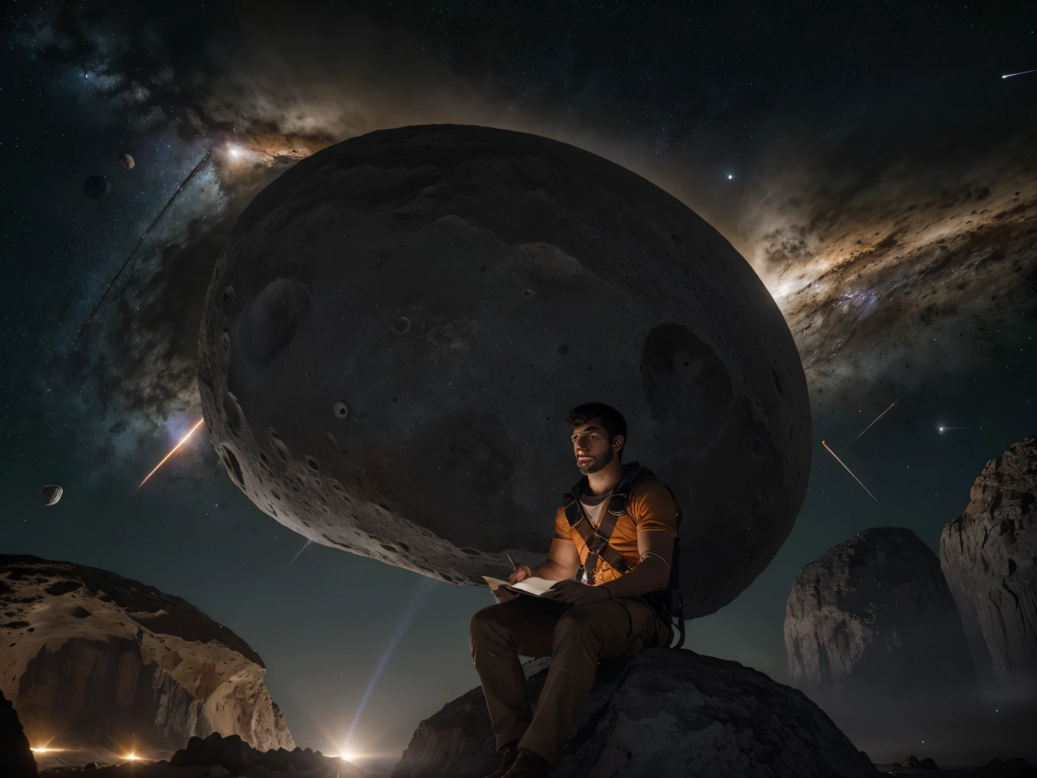 Desenhe um jovem programador, sitting on a research platform floating in the middle of an asteroid belt. He is studying with a notebook, surrounded by several asteroids glowing with fiery auras. Dramatic lighting from distant stars and planets illuminates the scene, casting deep shadows on the costume. O jovem parece confiante e determinado, Looking at the vast and mysterious universe with wonder and respect,facial hair, tiro de vaqueiro,