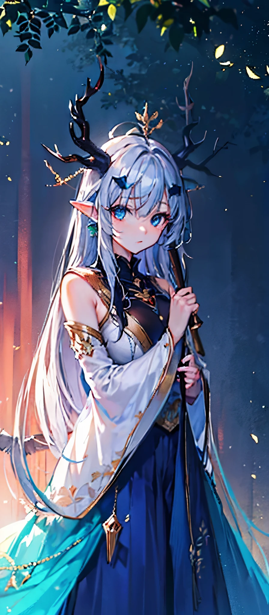 Elf, horns, beautiful anime eyes, wallpaper, serious countenance, forest lighting, 
