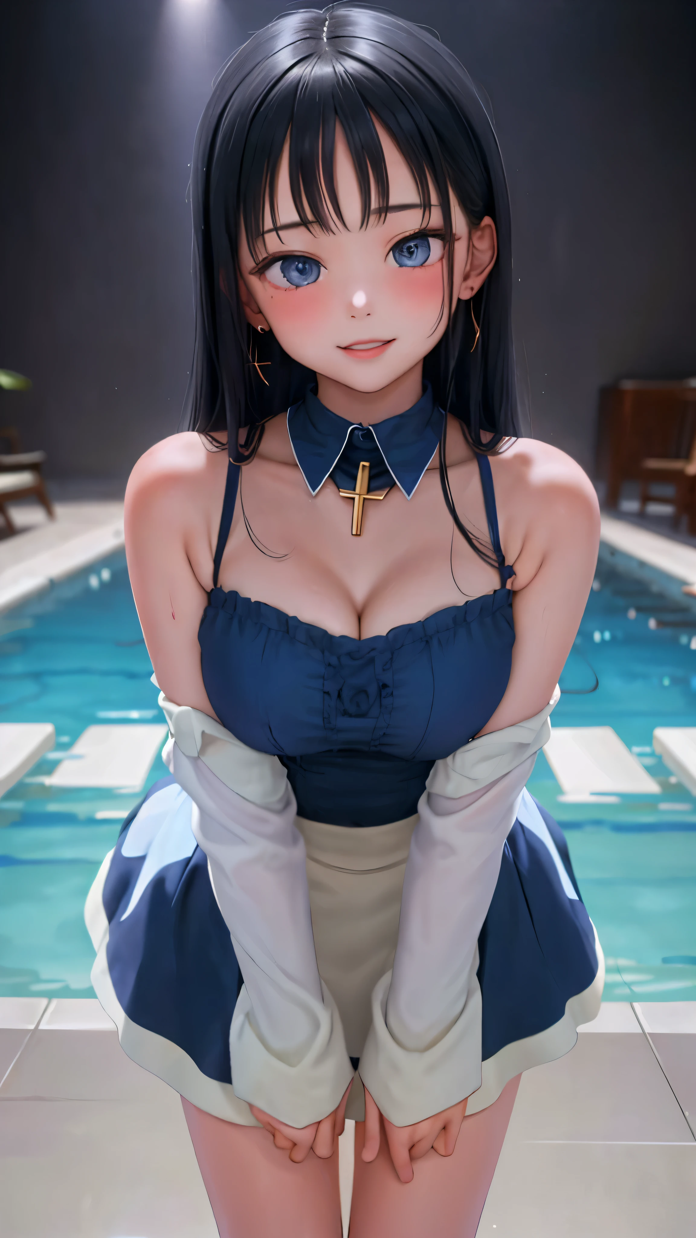 reality、8k、Super high chroma、 girl、face reality、(((Emphasize big breasts and cleavage)))、smile、indoor pool background々sexy pose part 1.5、((()wet with water 1.5)))