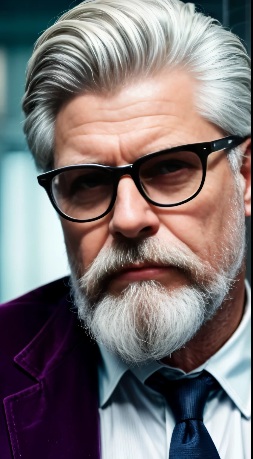 (Raw 16k ultra HD, vibrant colors, ultra masterpiece, 1.12)

The close-up of the man's face, bathed in the neon-lit dystopian futuristic environment, reflects a deep sense of contemplation and introspection. His piercing blue eyes, magnified by the glasses, are filled with wisdom and experience, the lines around them attesting to a life well-lived. The white hair, meticulously groomed and styled, frames a face that exudes an air of authority and sophistication. The well-groomed white beard, a signature of his character, completes the image of a man who has embr