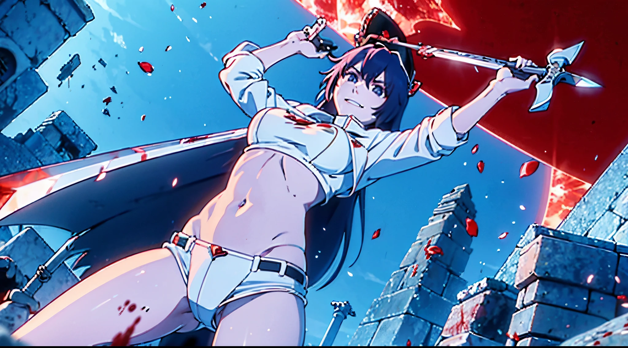 girl 1, exposed belly button, big breasts, femdom, bullying, holding a severed head of enemy, Blood on the body, Blood on the armor, Blood on the belly button, Blood on the stomach, Blood on the breasts, provocation, tall, long sword, slashing sword, splashing blood, tall ,reflecting blood, gun, knife, sword, war, underwear, kill, Behead, shot from below, sensual, Blood on the breasts, smile, holding a severed head, shot from below