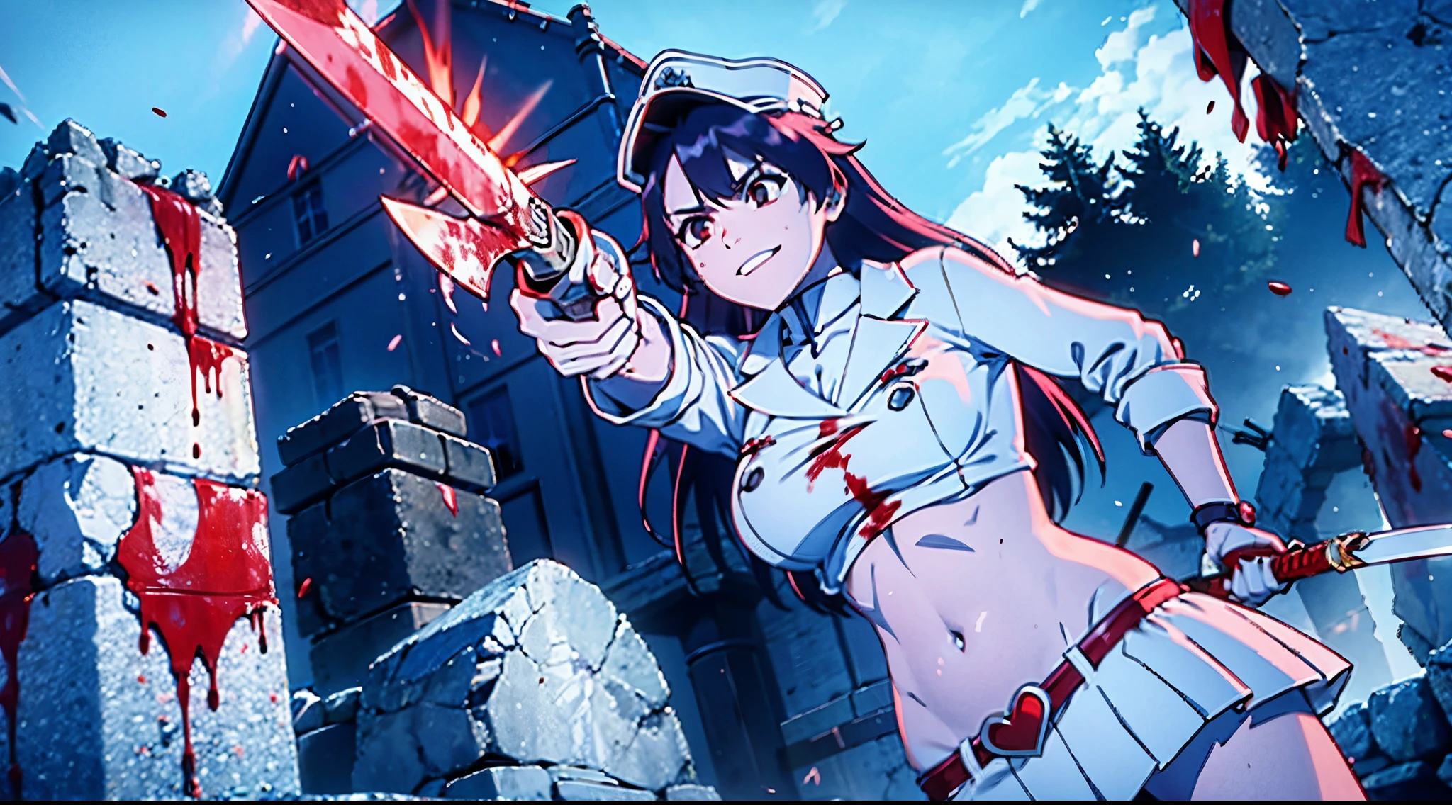 girl 1, exposed belly button, big breasts, femdom, bullying, holding a severed head of enemy, Blood on the body, Blood on the armor, Blood on the belly button, Blood on the stomach, Blood on the breasts, provocation, tall, long sword, slashing sword, splashing blood, tall ,reflecting blood, gun, knife, sword, war, underwear, kill, Behead, shot from below, sensual, Blood on the breasts, smile, holding a severed head, shot from below