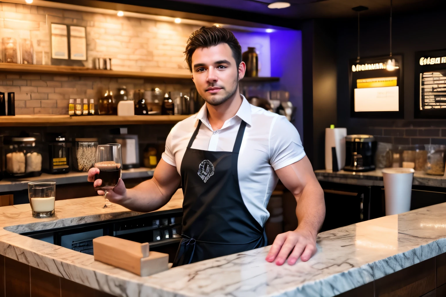 4men, four man, 23 y.o., muscular man, wearing a short-sleeved white shirt and tie, coffeeshop, best quality, espresso machine, white rock bar, behind a counter, black apron, coffeeshop name MYATA, 8K UHD, DSLR, Filmkorn, Fujifilm XT3 fotorealistische Malerei von Midjourney und Greg Rutkowski
