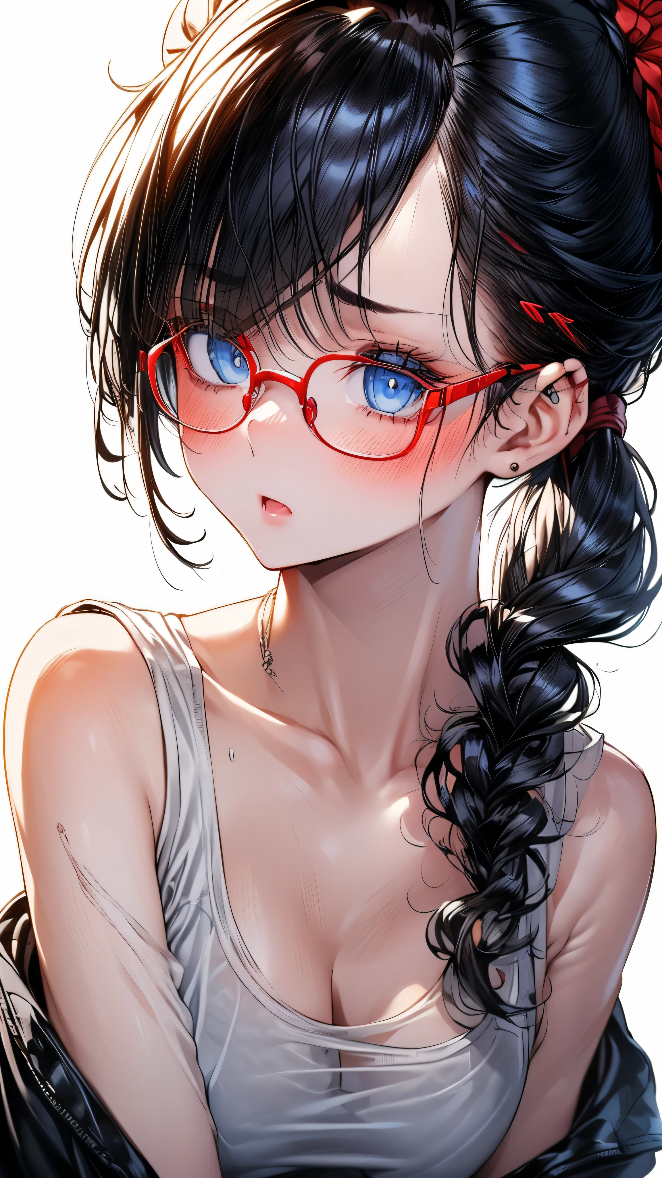 1 female,black hair, ,((impatient look)),beautiful breasts,((swimsuit)),good style,,(facing the front)(((cheeks turn red、surprised expression)),(((Underponytail))),((( upper body portrait)))frameless glasses,blue eyes,(((The bangs are even)))(wet state)