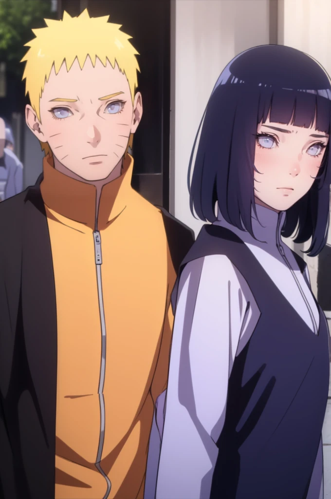 ((Realistic lighting, Best quality, 8K, Masterpiece: 1.3)), Clear focus: 1.2, 1girl, 1 boy, blunt bangs girl, dark blue haired girl, blonde man, blue eyes man, purple eyes girl, black hair girl, standing, couple, naruto and hinata, beautiful and handsome, naruhina