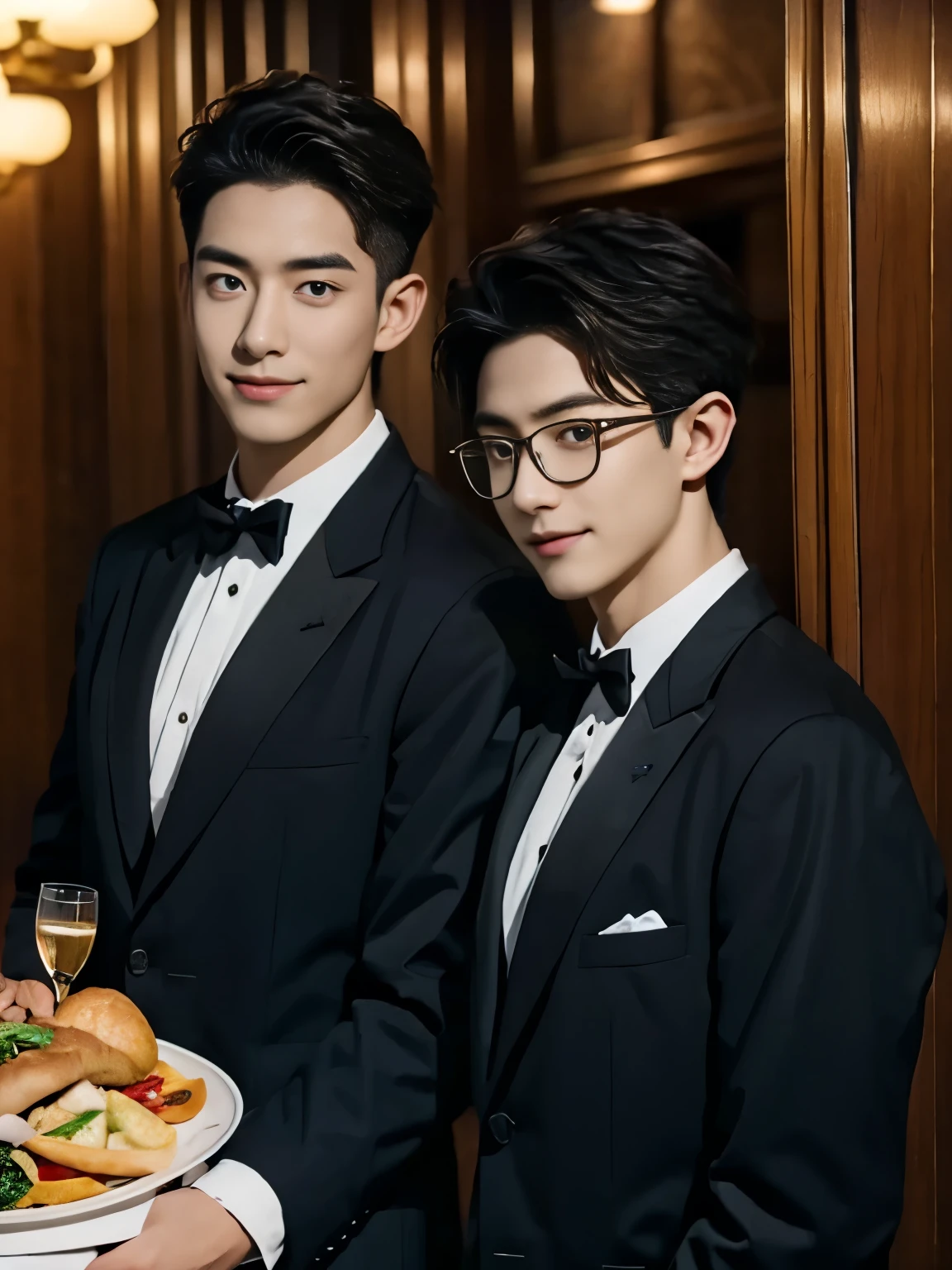 Highest quality portrait of two young guys waiters . Two young attractive boys in an expensive restaurant, strict dress code, in the left hand there is a tray with glasses and champagne wine,carrying full trays of wine to restaurant patrons, beautiful , smiling , Friends . Photo portrait of the highest quality !