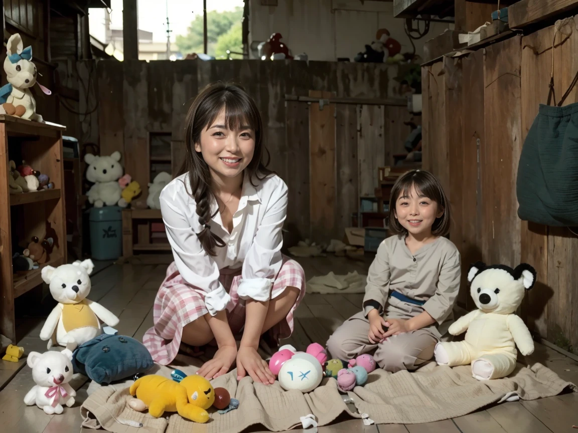 Highest image quality、highest quality、highest resolution、masterpiece、shot at low angle、full body shot、((There are two of us, a beautiful and cute 42-year-old woman and a cute 10-year-old 4th grade girl.))、brown long hair、(She loves toys, dolls, and stuffed animals:1.5)、smile、（Pink polka dot bra and panties:1.5）、（Have toys, dolls, or stuffed animals:1.5）、(lean body:1.2)、(:1.2)、wearing slippers、Old dilapidated and rotten wooden house、(The walls and floor are littered with all kinds of fun toys, dolls, and stuffed animals.:1.5)