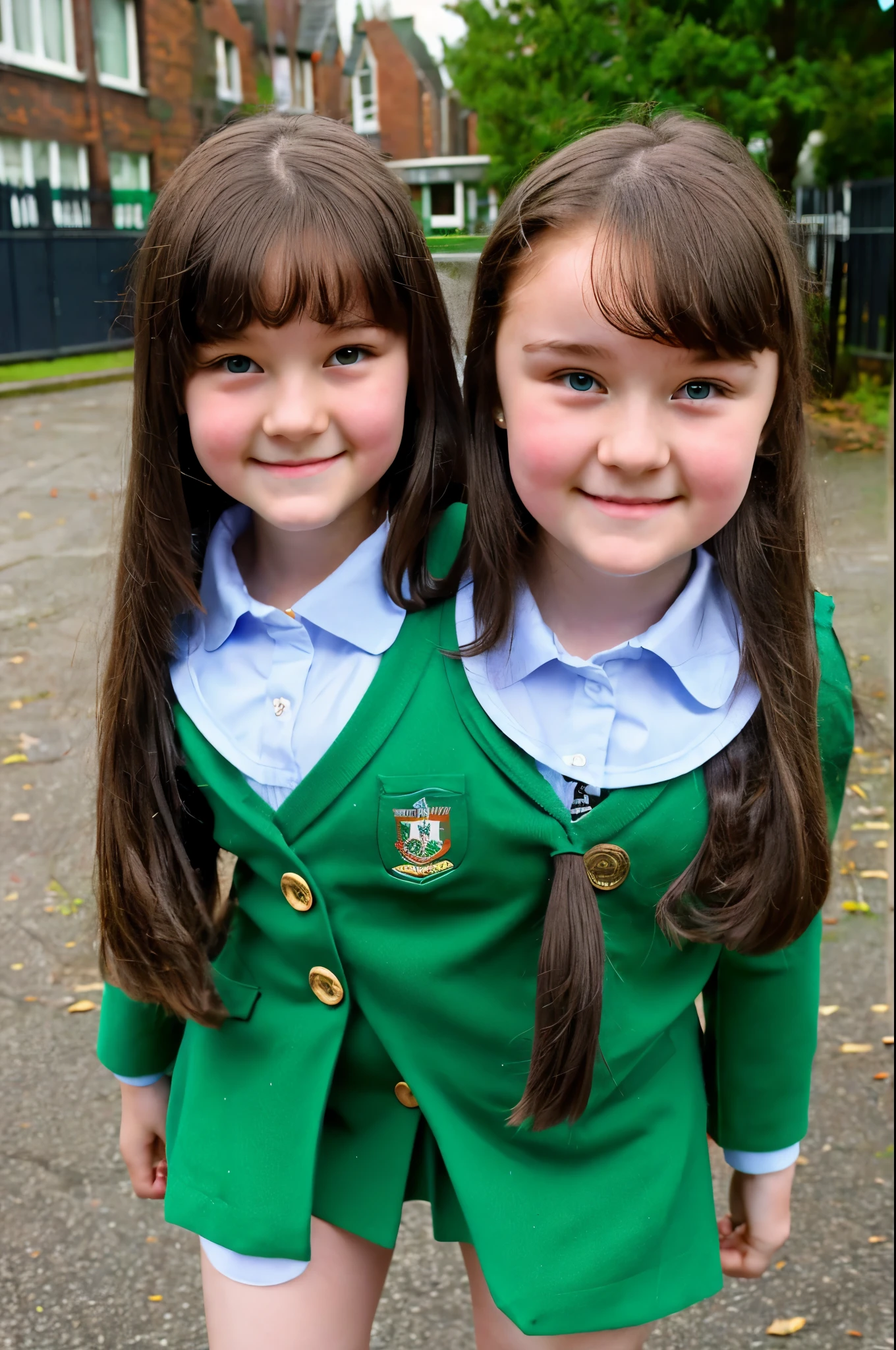 2heads, two headed girl, age 18, student, school uniform, Irish, outside school, closeup, chubby,