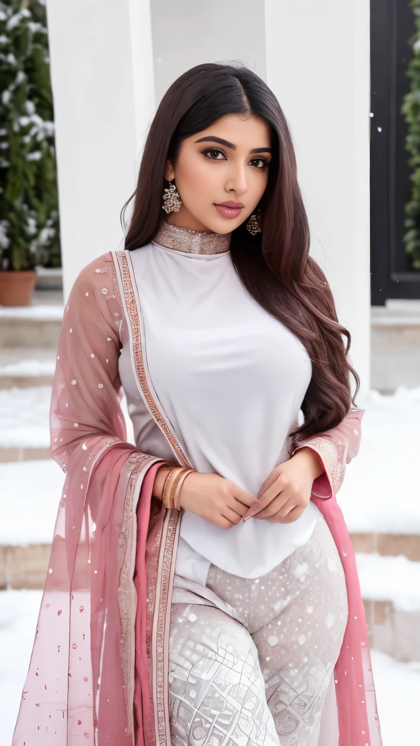 Pakistani hot ladki Yasmeen Khan 31 Sal Umra Badi Chhati Bade chuche Gajab Ka finger Khubsurat Rosto detalhado, belos olhos castanhos detalhados, beautiful detailed lips, long eyelashes, salwar kameez dupatta, snow falling from the sky, paisagem de inverno, ambiente aconchegante, warm lighting, flocos de neve macios, serene expression, delicate features, retrato realista,