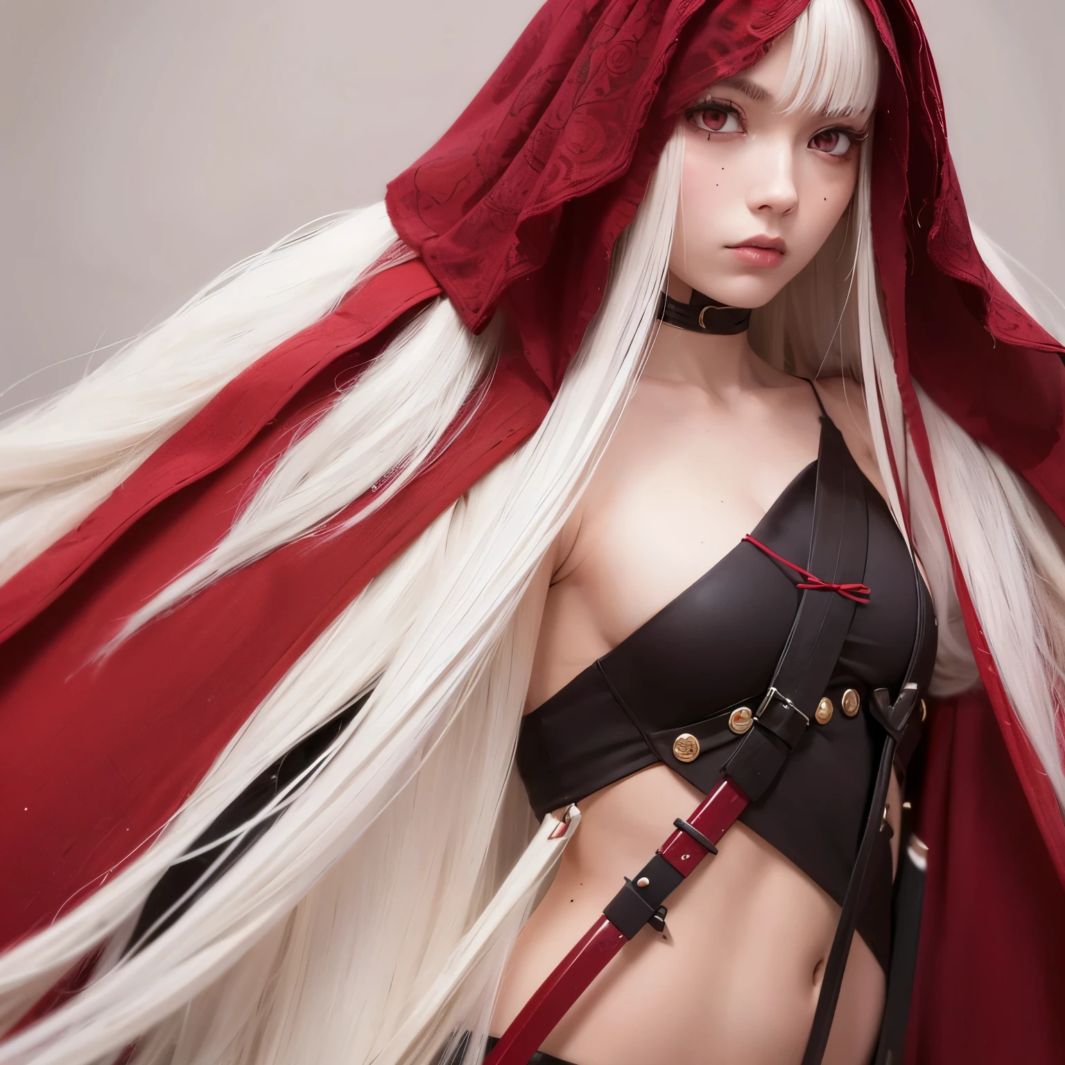 Girl with long white hair with wine red tips, slanted eyes, red eyeliner, dark eyes, serious and sad look, two moles under her eyes, small lips, pale skin, with a suit covered up to the neck, and a red katana on the red back with white details that simulate drops