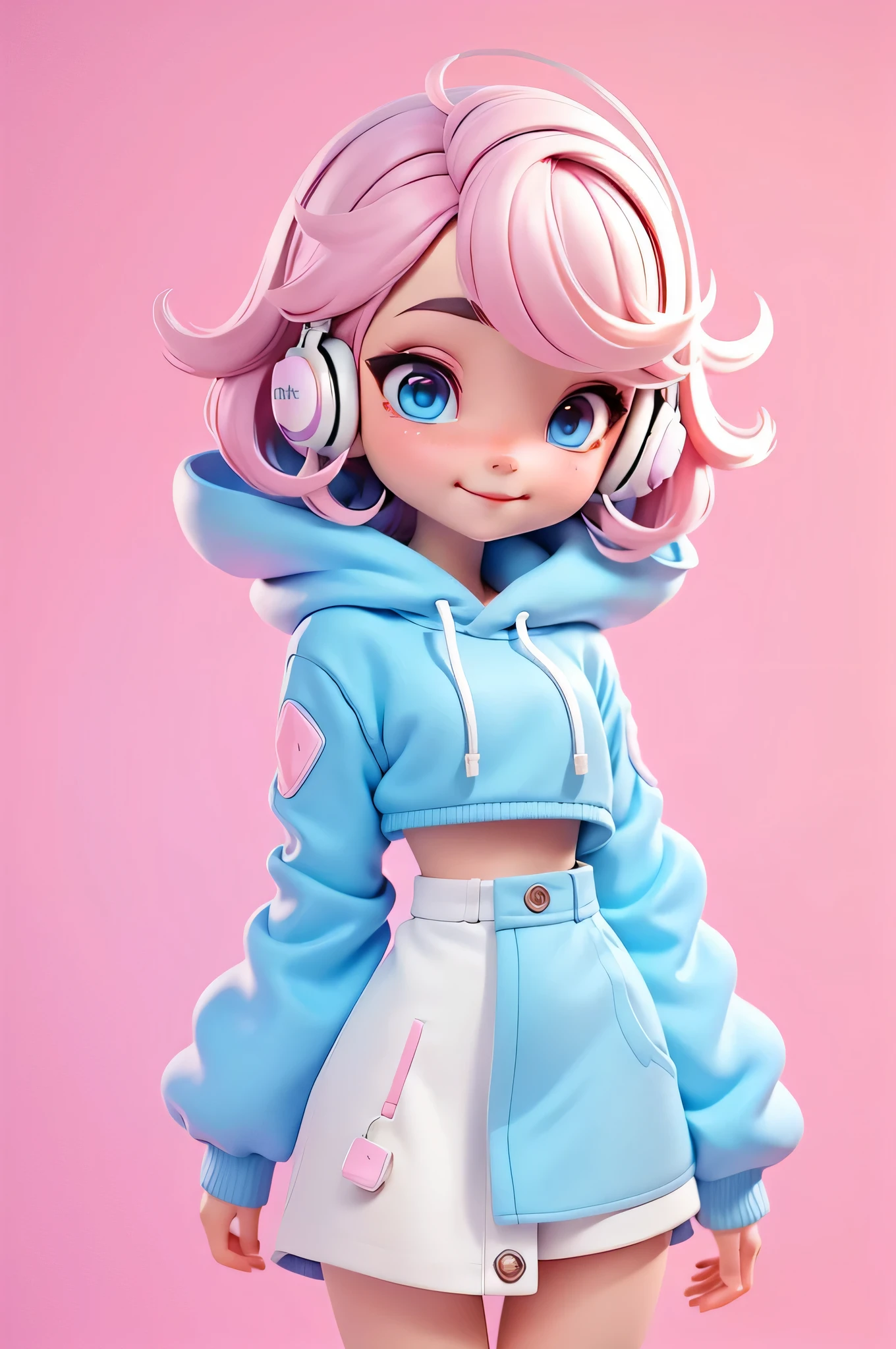 avatar , Lots of pastels, Smile sweet and delicate, Modern clothing and accessories, whole body,White skin、science and technology、With headphones,Short and medium hair,fashionable,elegant,hair pink and blue,8k,Hoodies,Exquisite eyes and colorful hair, simple white background