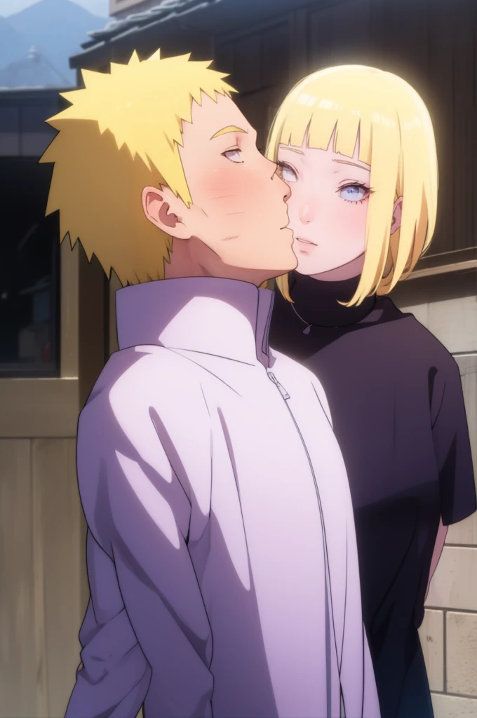 ((Realistic lighting, Best quality, 8K, Masterpiece: 1.3)), Clear focus: 1.2, 1girl, 1 boy, blunt bangs girl, dark blue haired girl, blonde man, blue eyes man, purple eyes girl, black hair girl, standing, couple, naruto and hinata, beautiful and handsome, naruhina, embrace, kissing