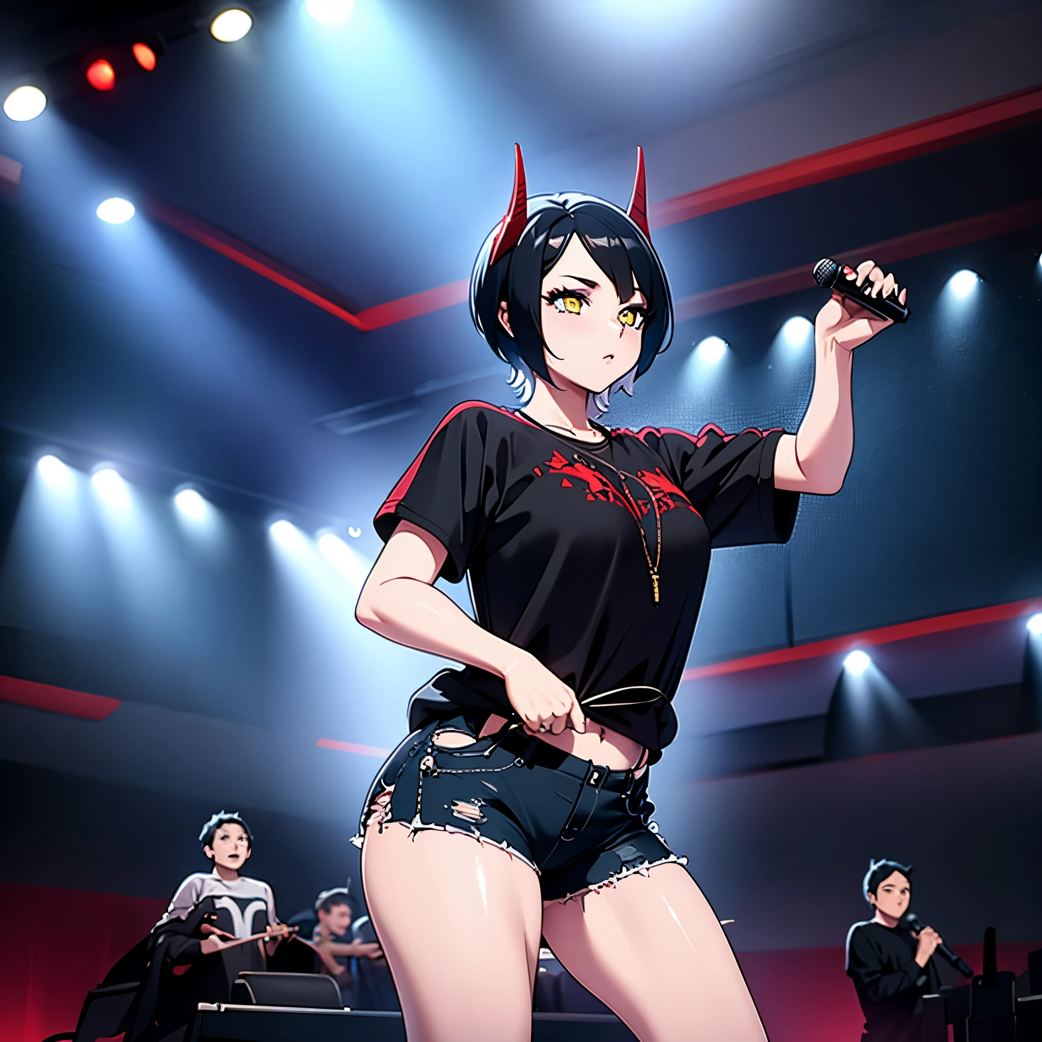 a woman with short black hair, yellow eyes, small red horn, wearing black shirt and black denim shorts, in a music club, holding a microphone with 5 perfect fingers
