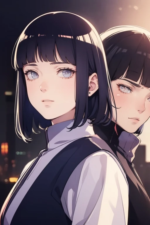 ((Realistic lighting, Best quality, 8K, Masterpiece: 1.3)), Clear focus: 1.2, 1girl, 1 boy, blunt bangs girl, dark blue haired girl, blonde man, blue eyes man, purple eyes girl, standing, couple, naruto and hinata, beautiful and handsome, naruhina