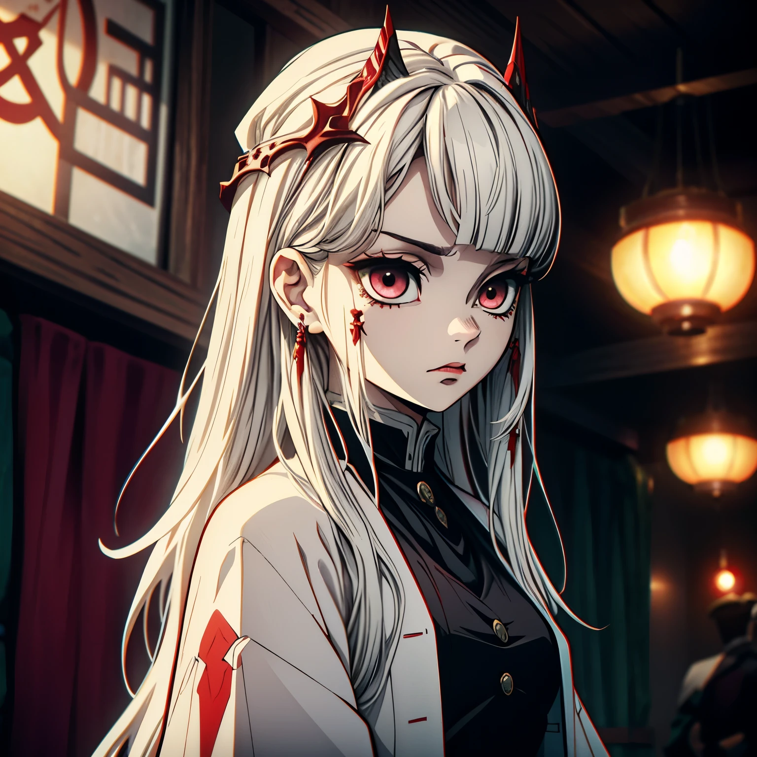 Girl with long white hair with wine red tips, slanted eyes, red eyeliner, dark eyes, serious and sad look, two moles under her eyes, small lips, pale skin, with a suit covered up to the neck, and a red katana on the red back with white details that simulate drops 