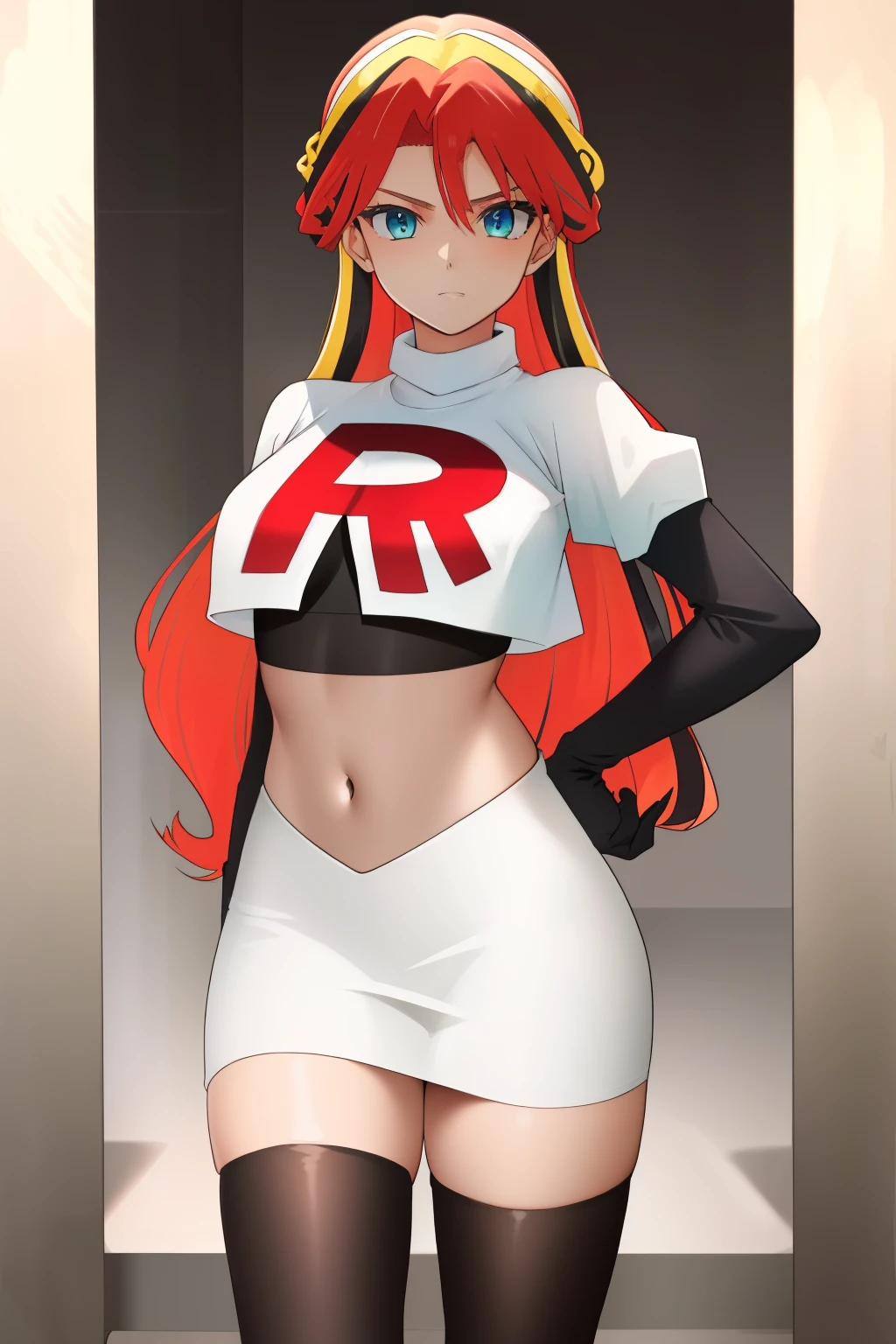 ((best quality)), ((highly detailed)), masterpiece, (detailed eyes, deep eyes), (1girl), cowboy shot, SunsetHuman, (multicolored hair, (two-tone hair:1.1), red and blonde hair), BREAK, aqua eyes, team rocket,team rocket uniform,white skirt,red letter R,crop top,black thigh-highs,black elbow gloves